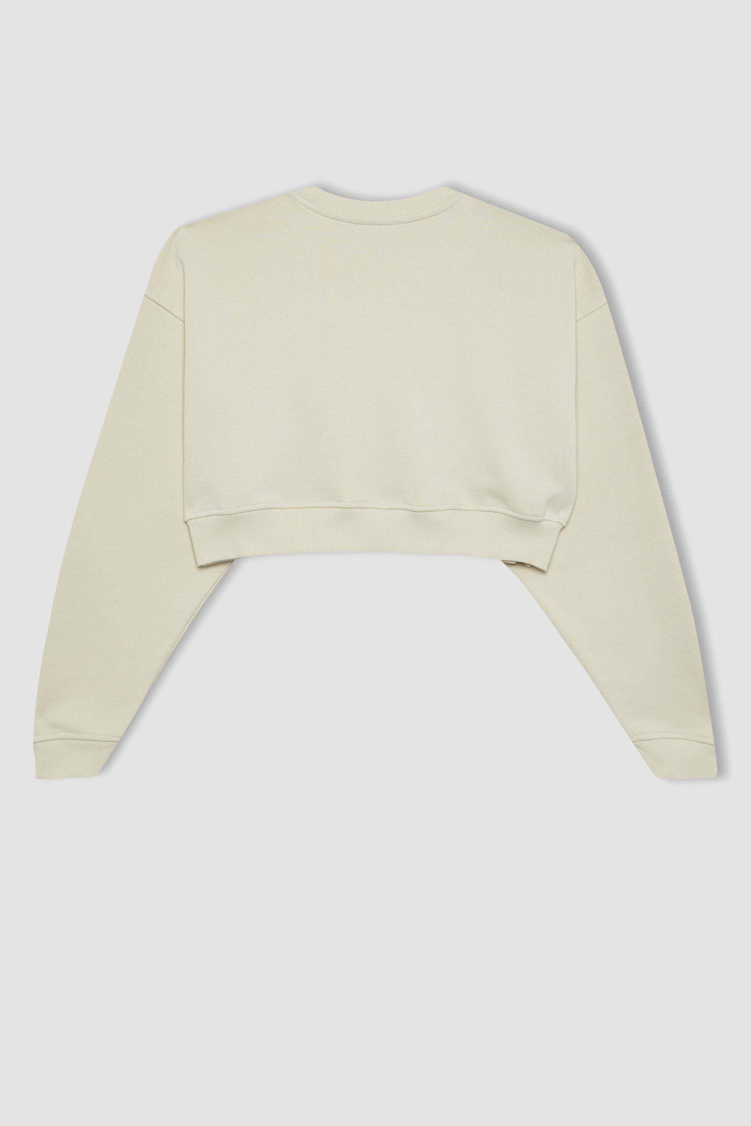 Coool Bisiklet Yaka Crop Basic Düz Sweatshirt