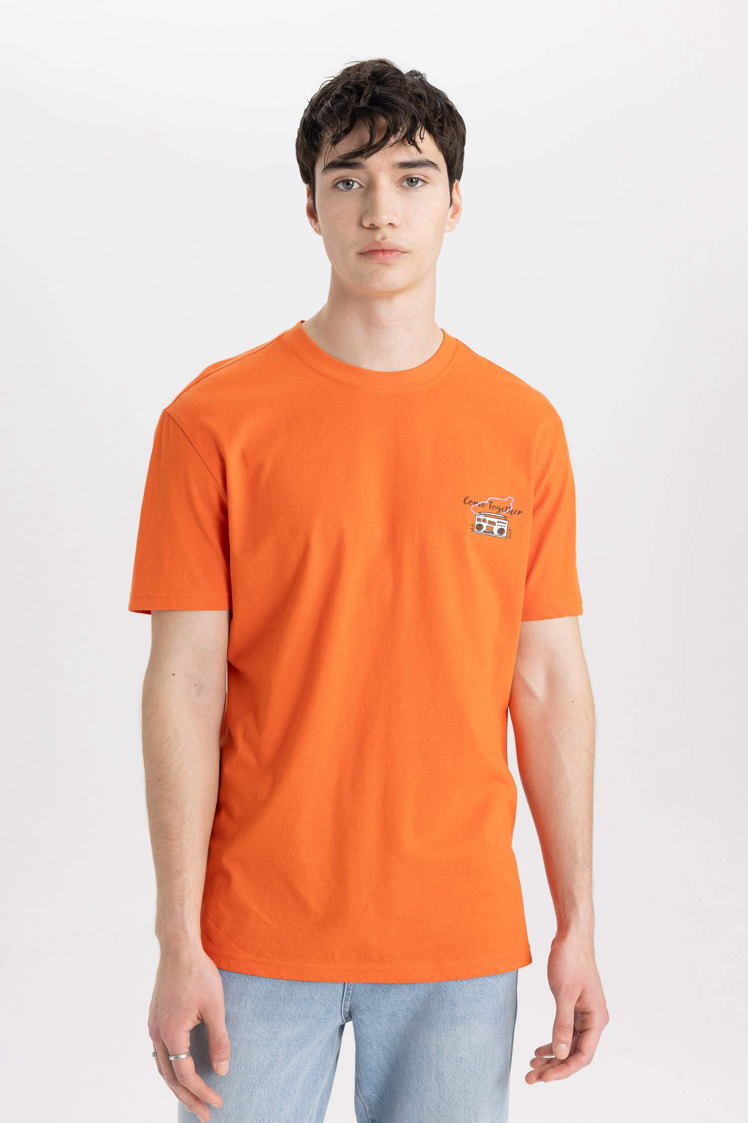 تيشيرت نص ردن مطبوع بياخة مستديرة وقصة عادية