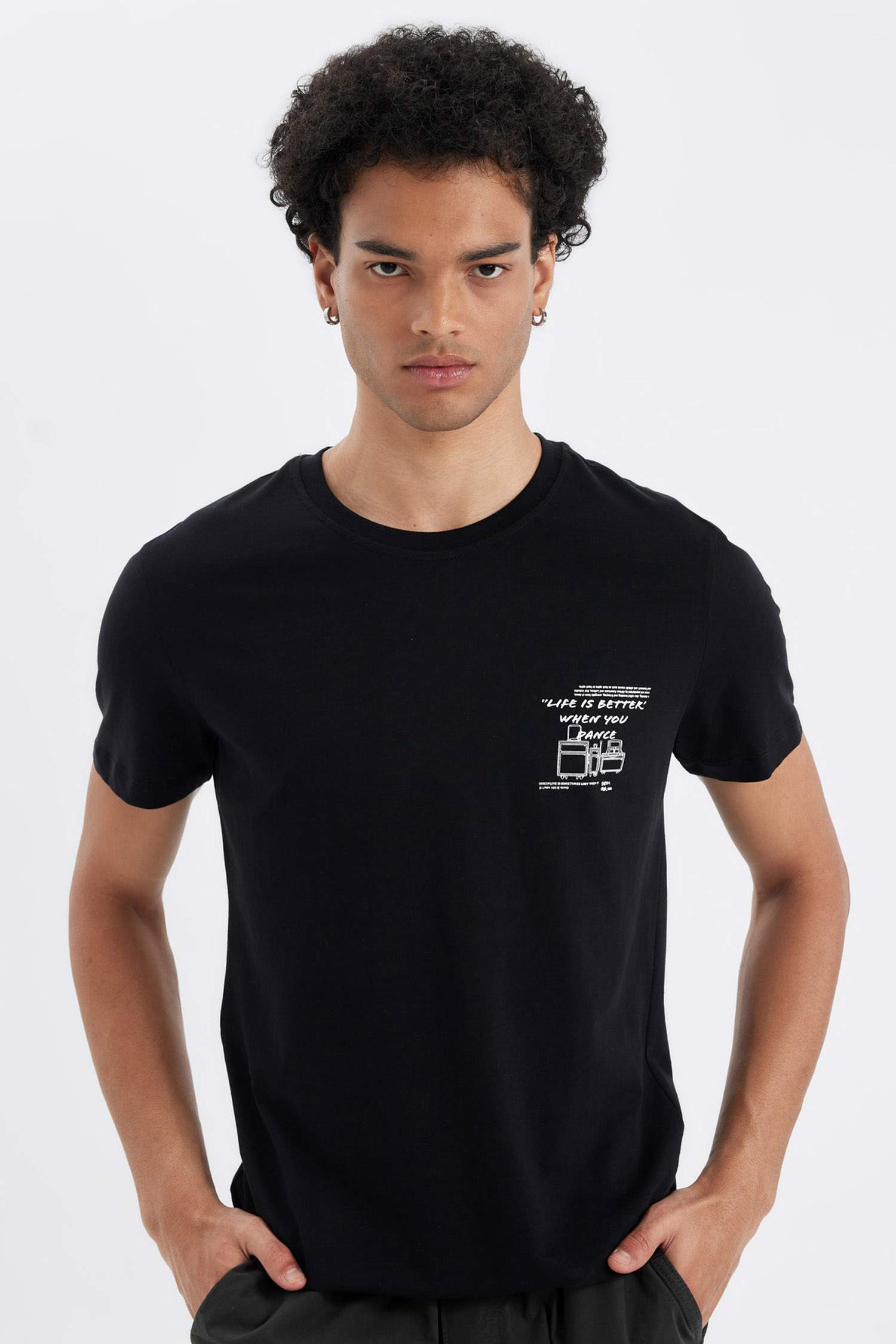 %100 Pamuk Siyah Slim Fit Dar Kesim Bisiklet Yaka Baskılı Kısa Kollu Tişört