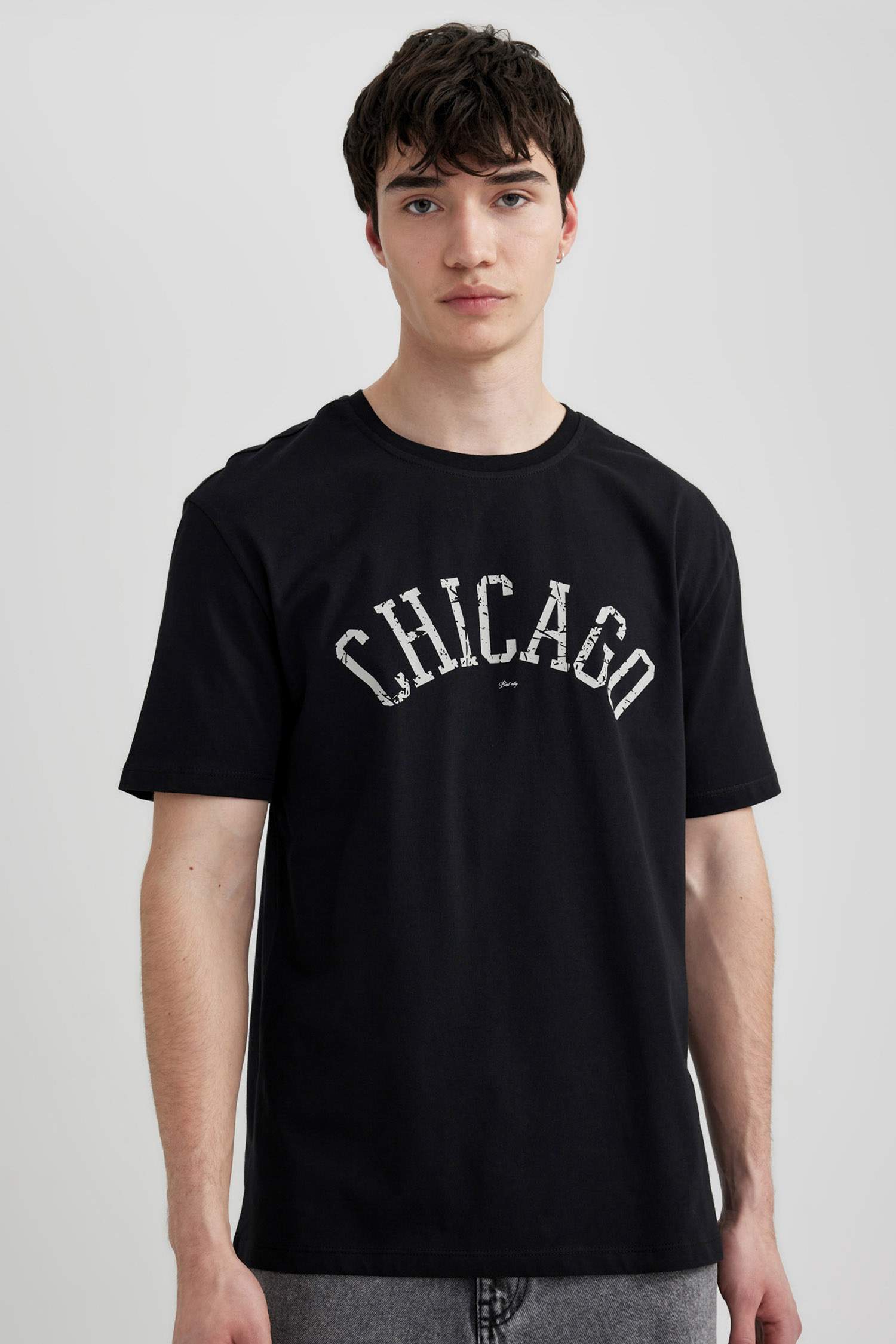 تيشيرت نص ردن مطبوع بياخة مستديرة وقصة عادية