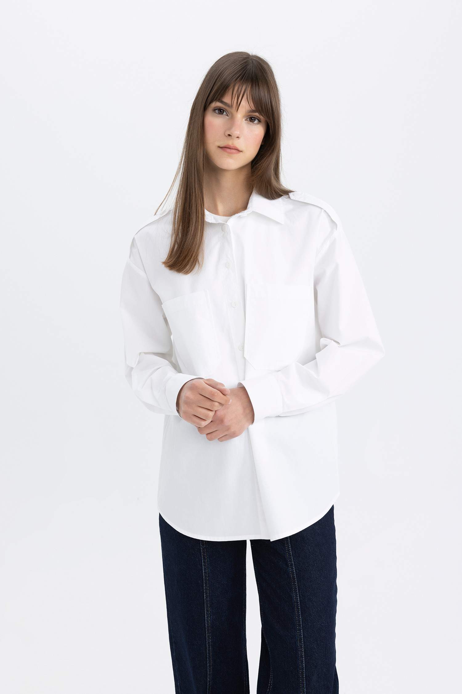 قميص طويل ردن طويل بوبلين قصة مريحة