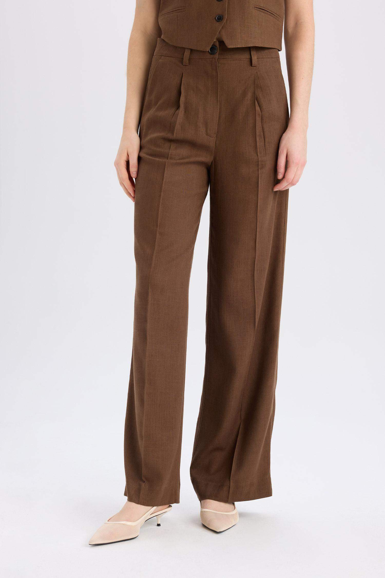 Широкие брюки из смесового льна с высокой посадкой и карманами