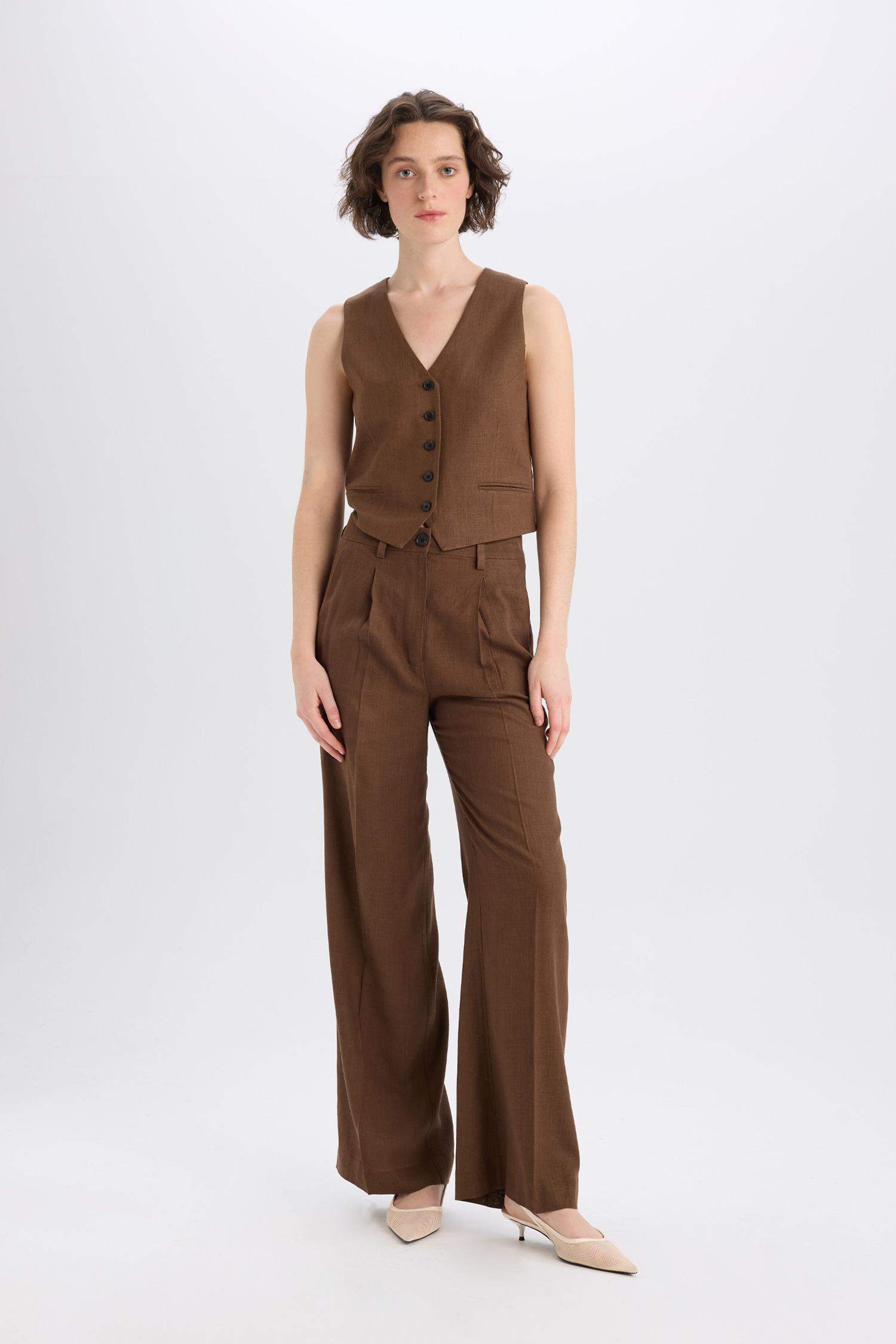 Широкие брюки из смесового льна с высокой посадкой и карманами