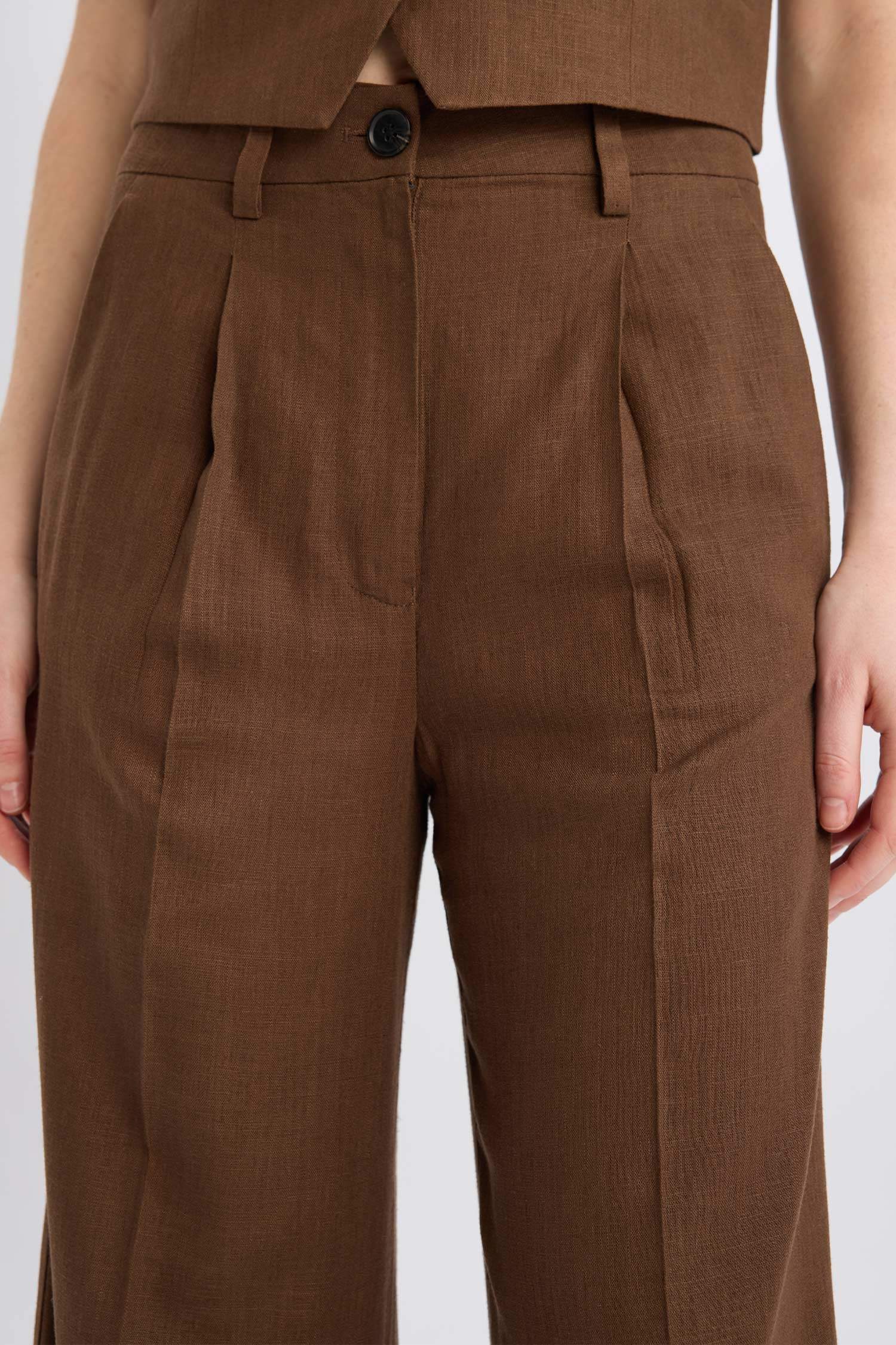 Широкие брюки из смесового льна с высокой посадкой и карманами