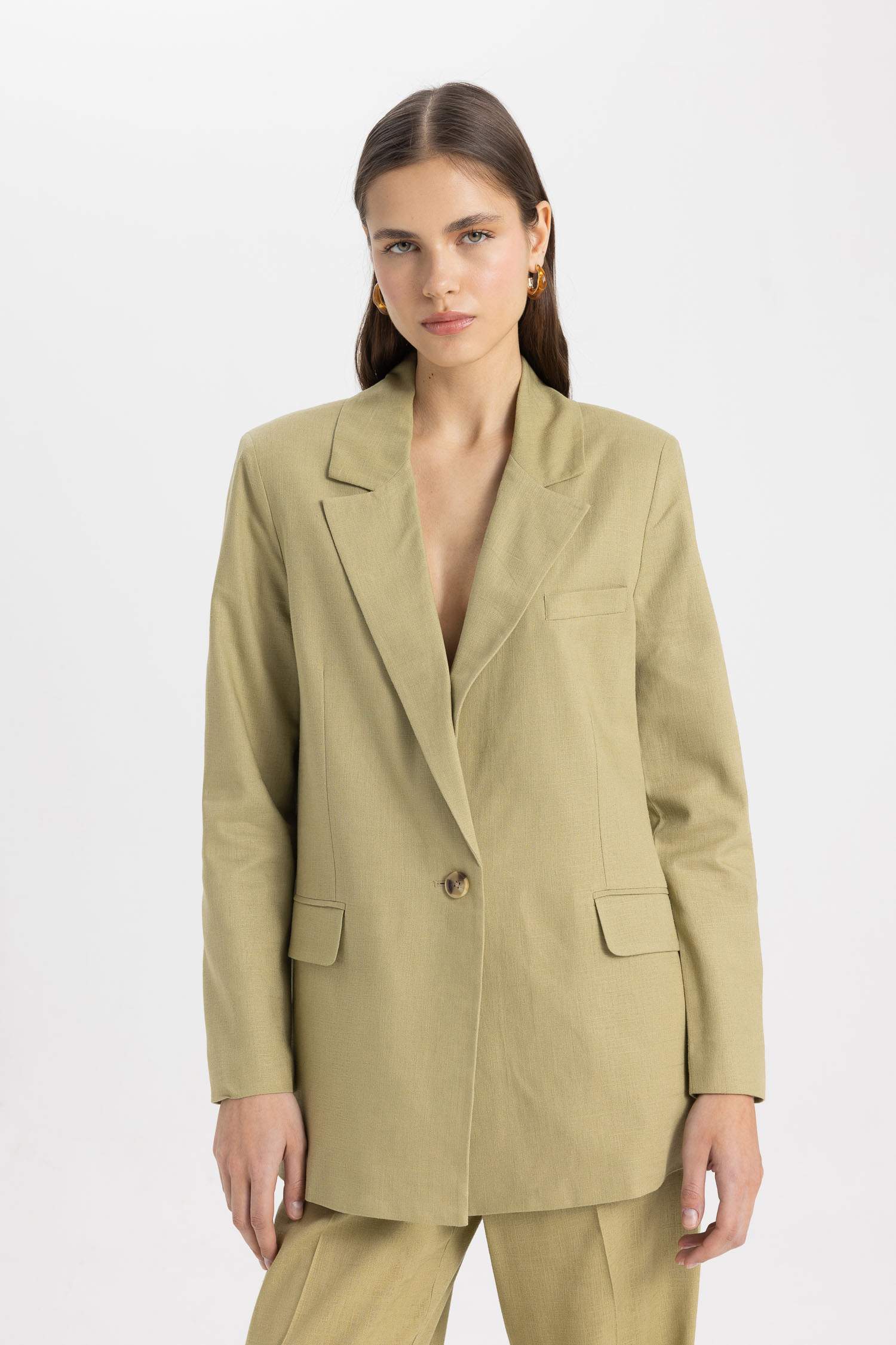 Oversize Fit Jacket Lapel Linen Blend Blazer Jacket