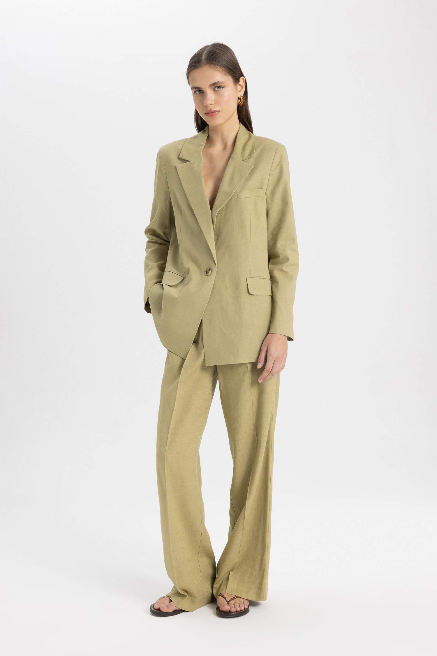 Oversize Fit Jacket Lapel Linen Blend Blazer Jacket