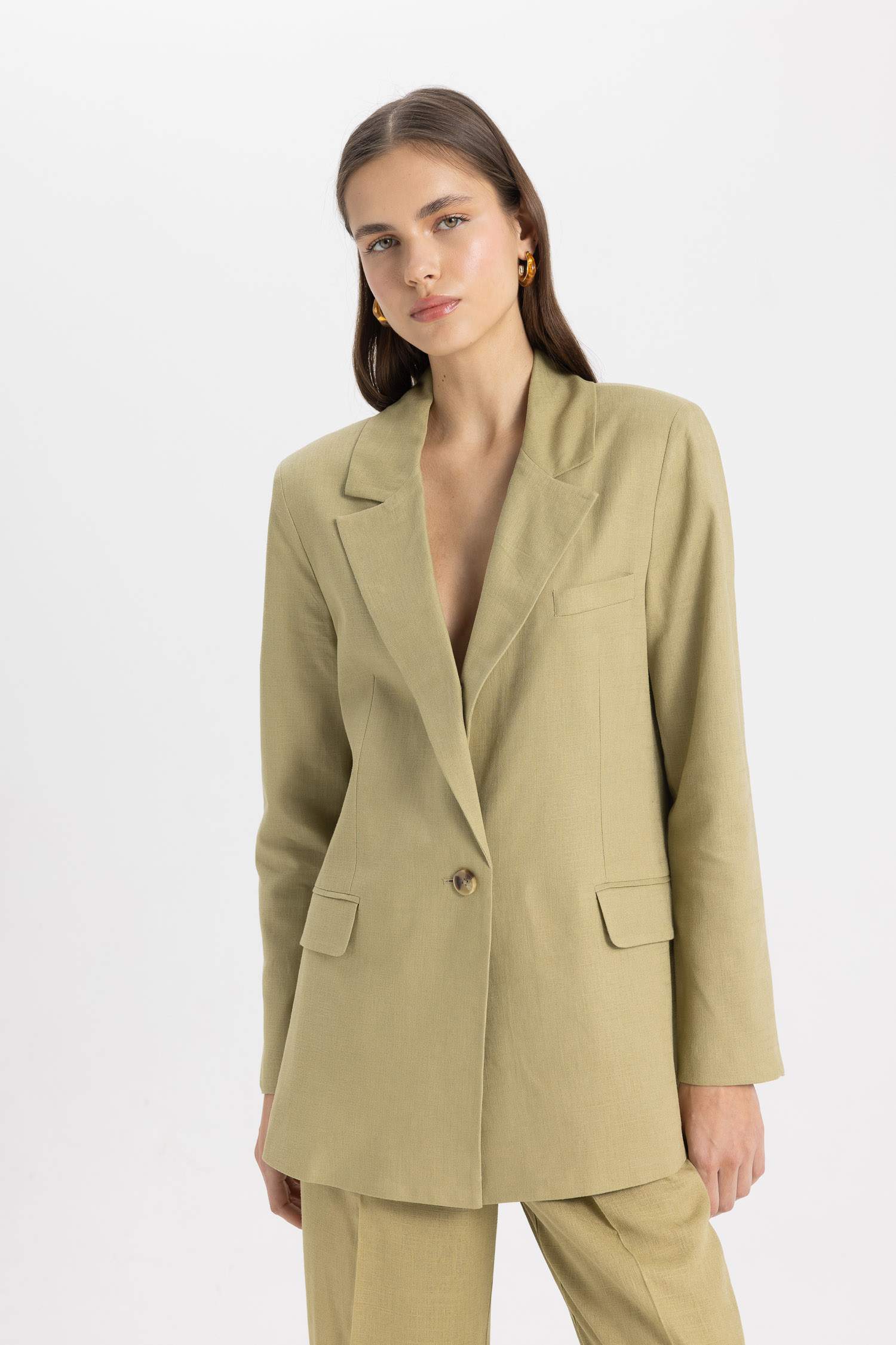 Oversize Fit Jacket Lapel Linen Blend Blazer Jacket