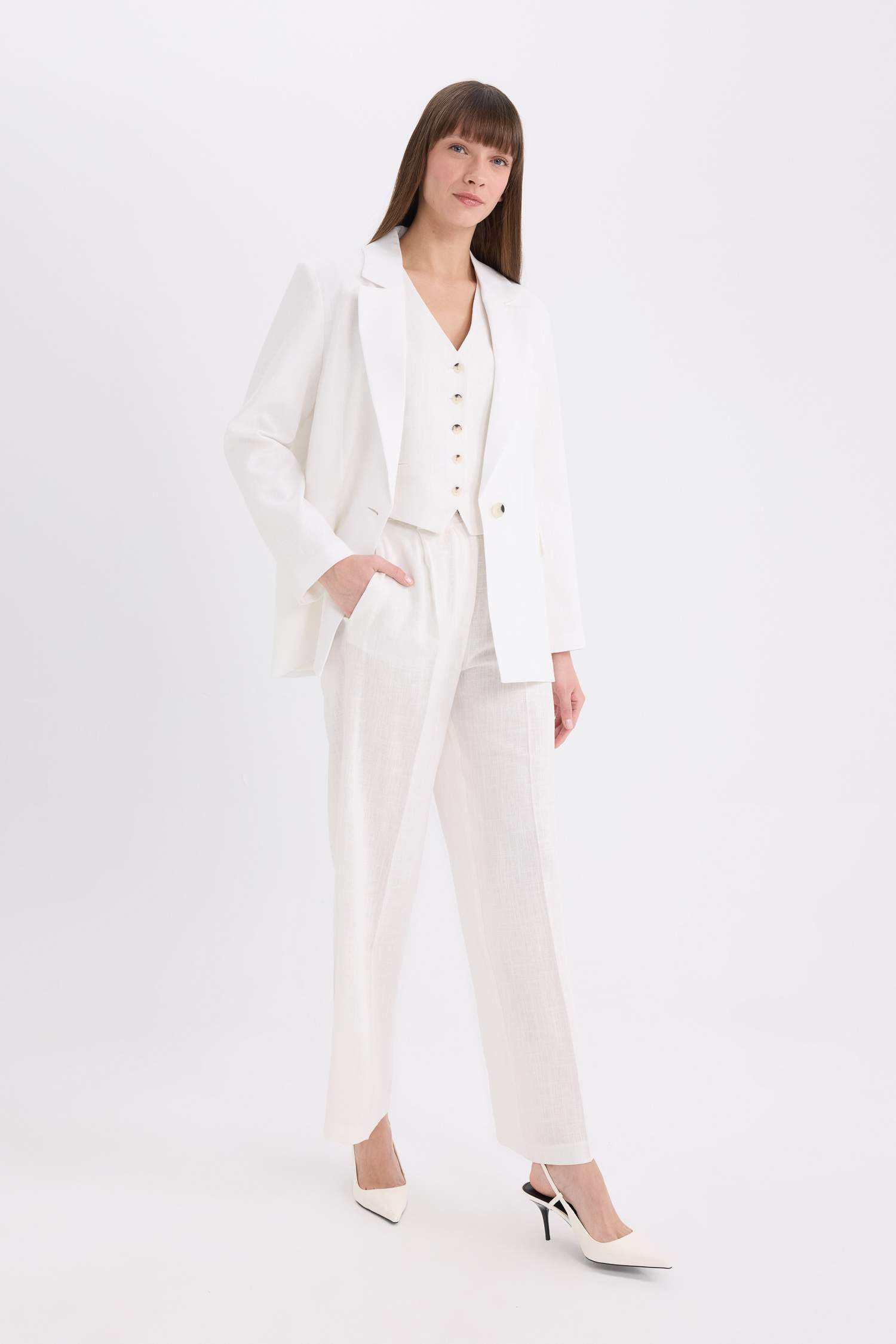 سروال طويل واسع من كتان بخصر عالي و جيوب