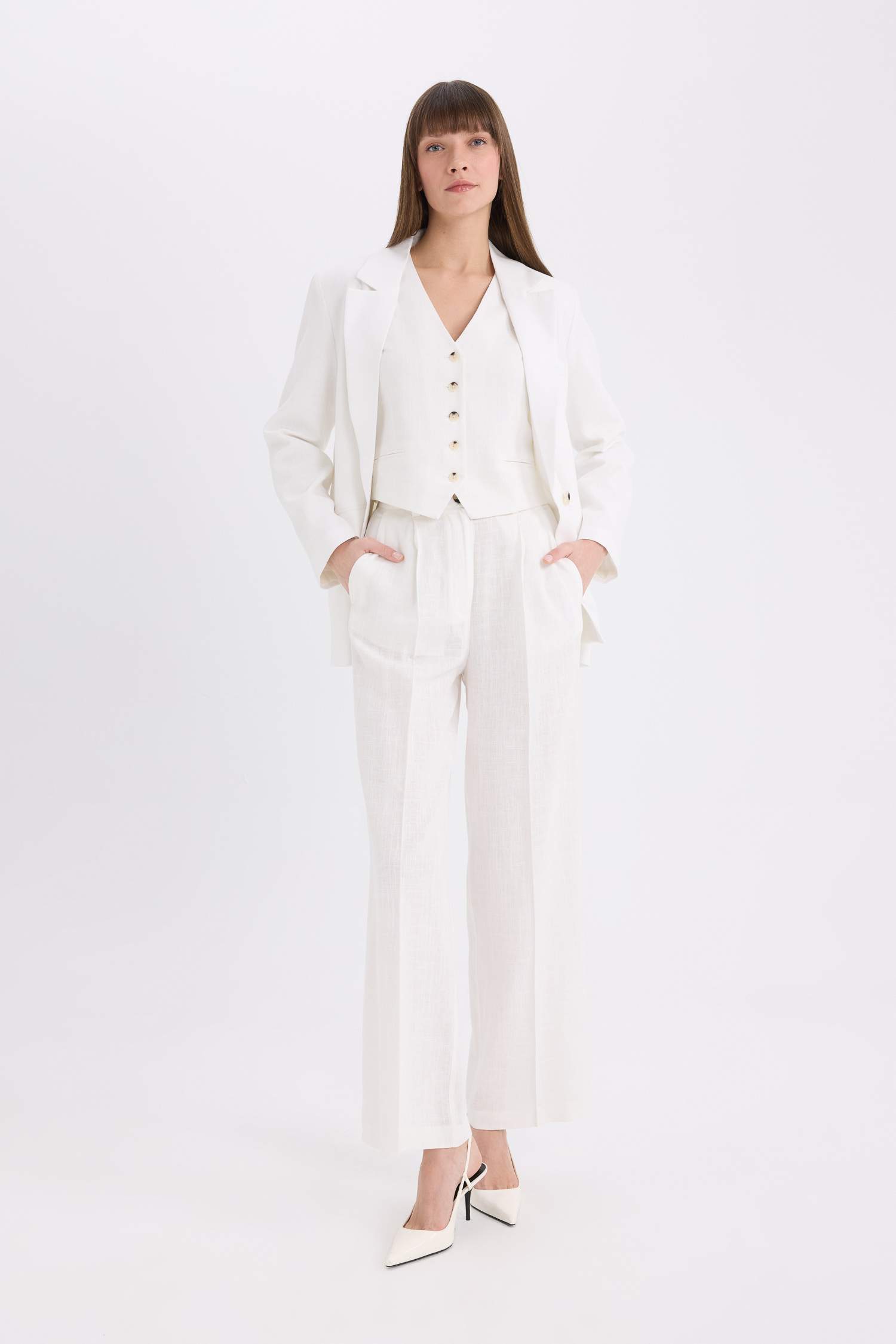 سروال طويل واسع من كتان بخصر عالي و جيوب