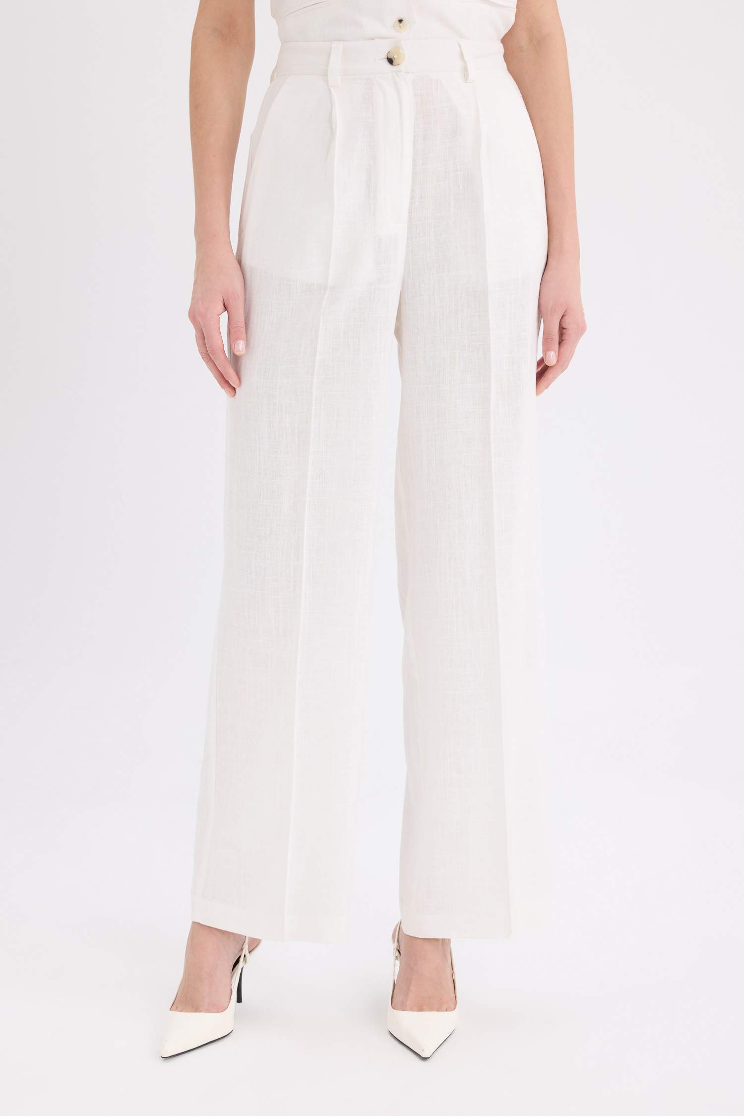 سروال طويل واسع من كتان بخصر عالي و جيوب