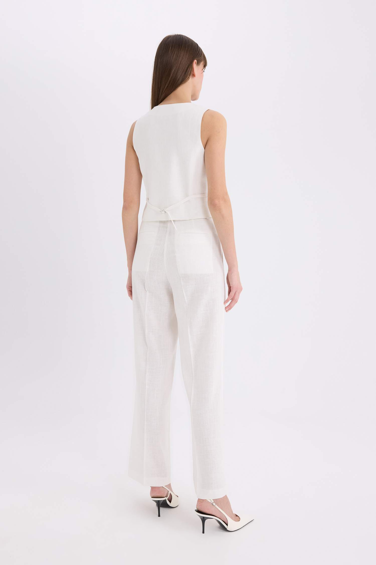 سروال طويل واسع من كتان بخصر عالي و جيوب