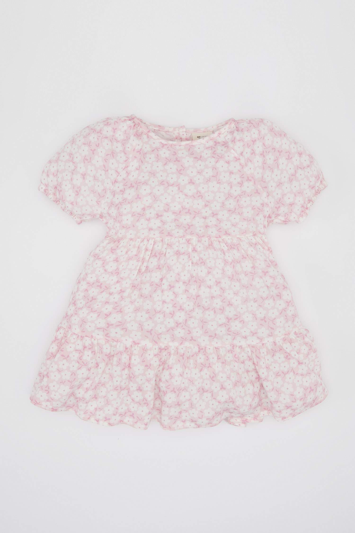 فستان فلورال من قماش مجعد قصة عادية نص كم بياقة مستديرة