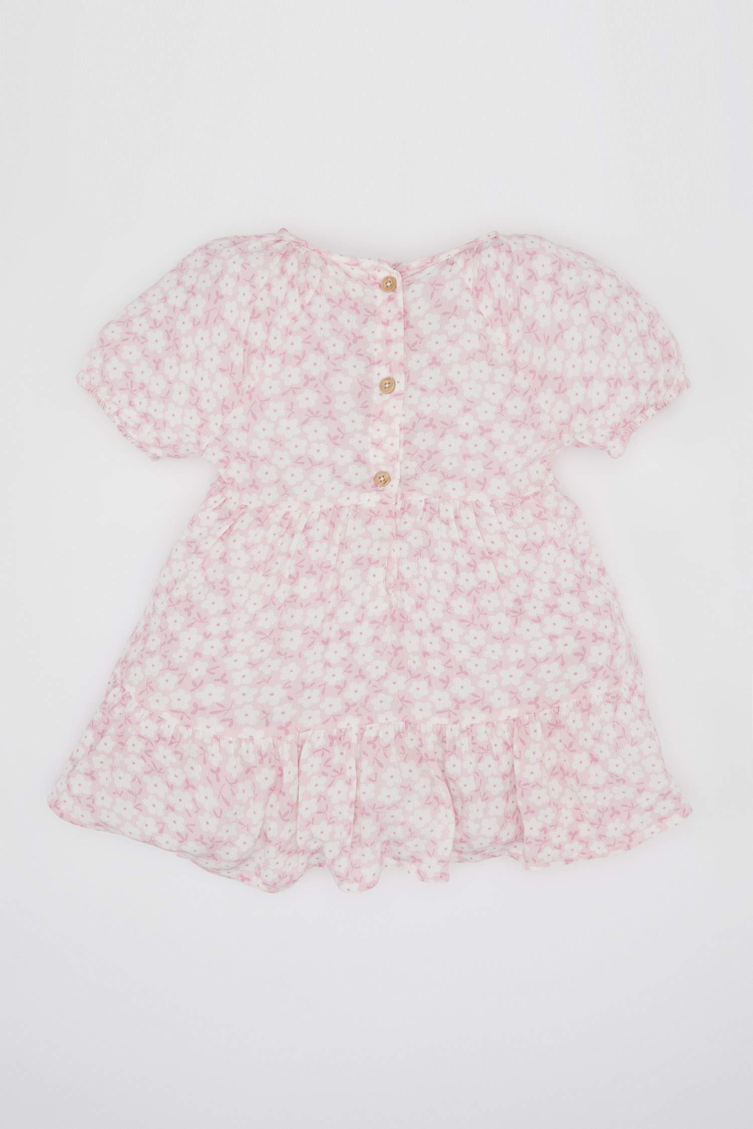 فستان فلورال من قماش مجعد قصة عادية نص كم بياقة مستديرة