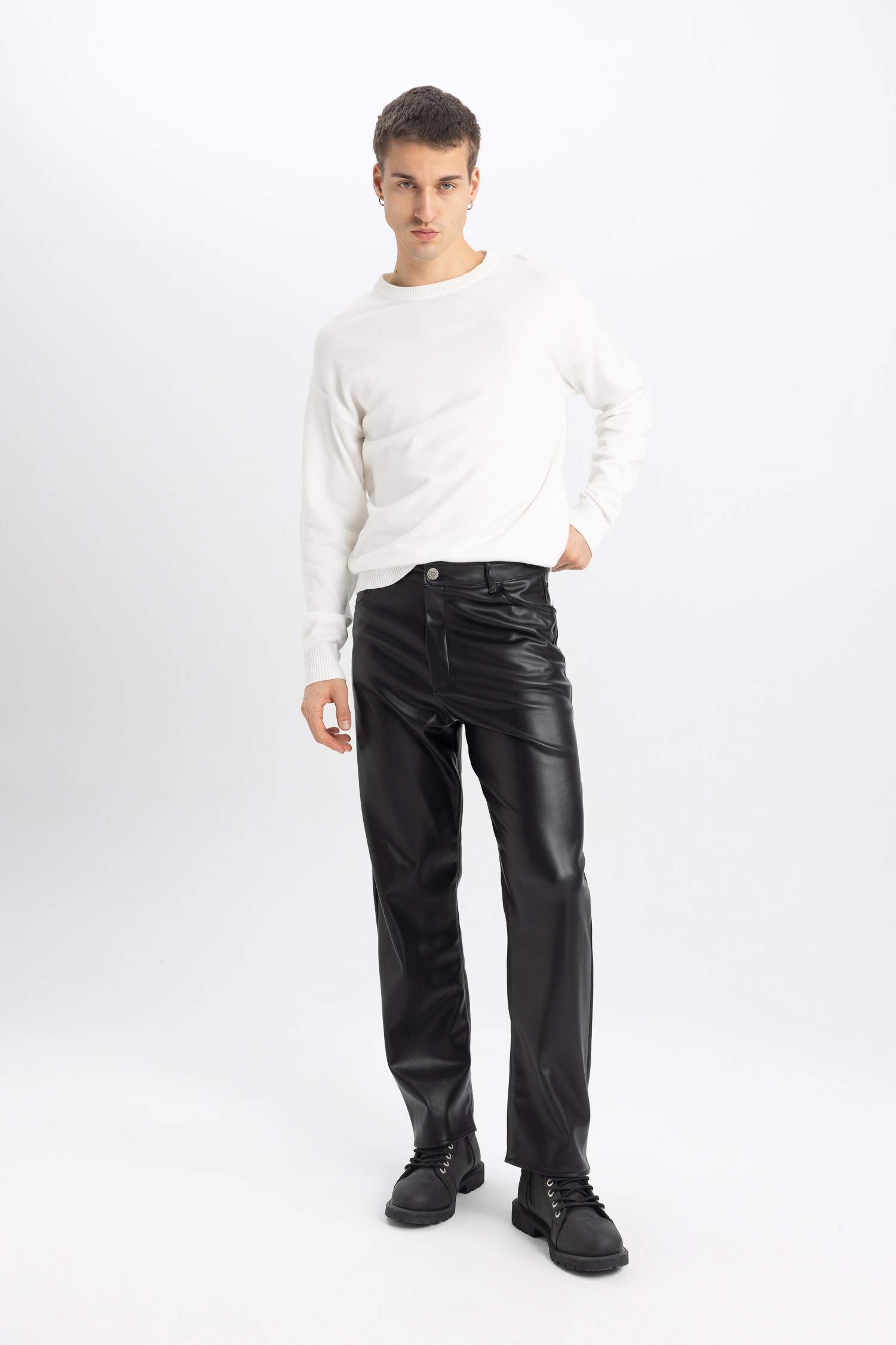 Baggy Fit Regular Hem Faux Leather Trousers