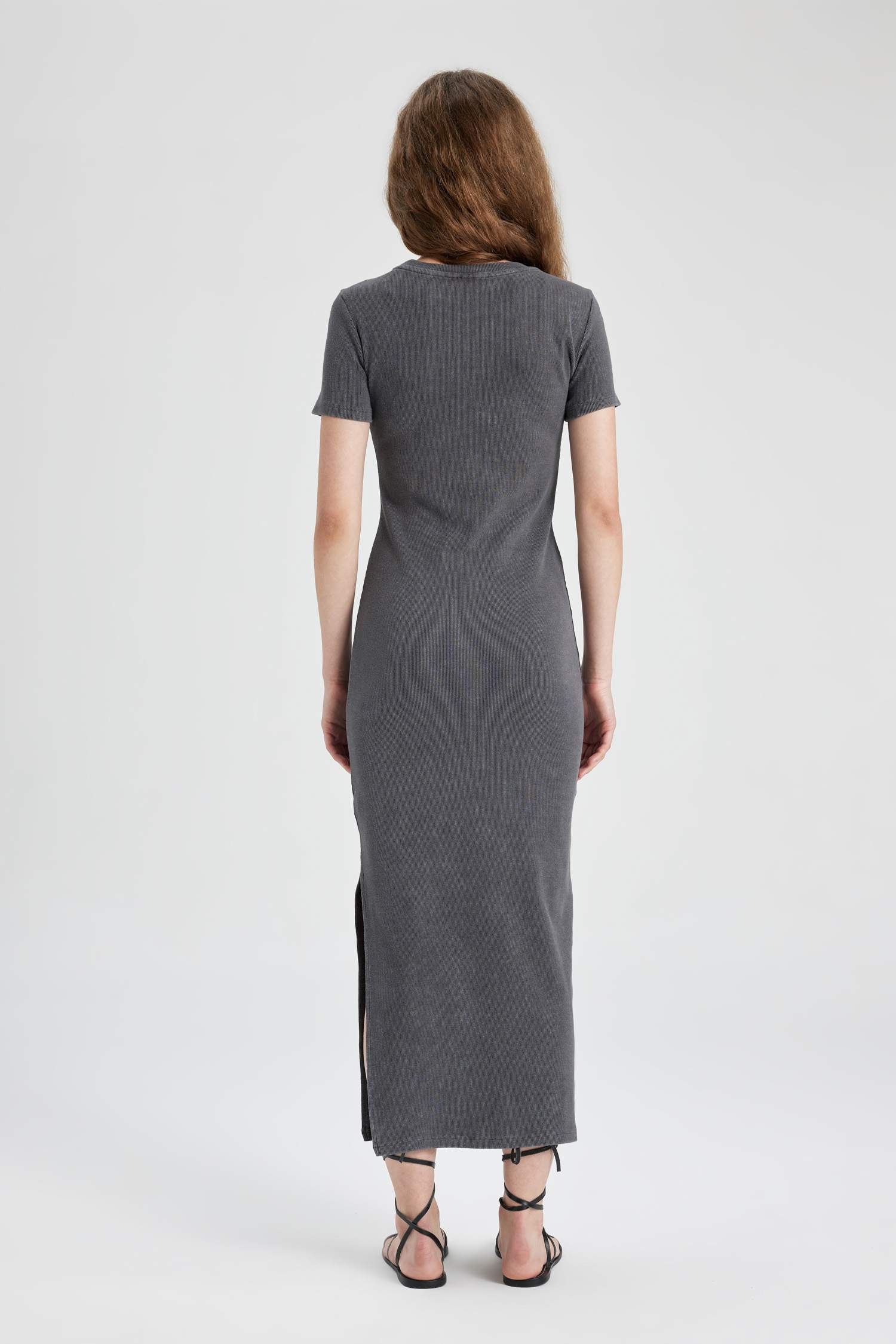 Bodycon Vücudu Saran Bisiklet Yaka Fitilli Kaşkorse Kısa Kollu Maxi Elbise