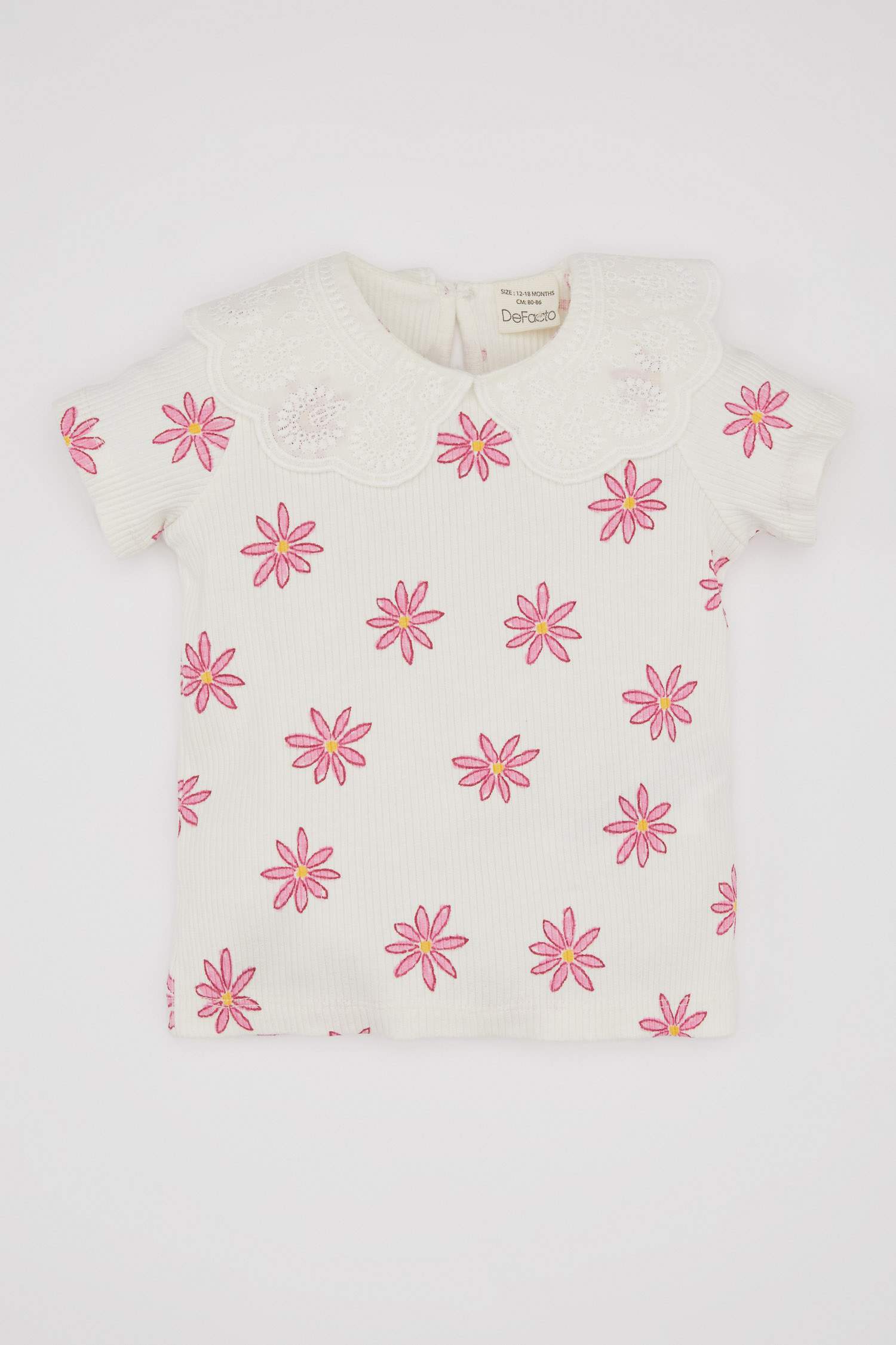 Kız Bebek Dantel Yaka Çiçekli Fitilli Kaşkorse Kısa Kollu Tişört