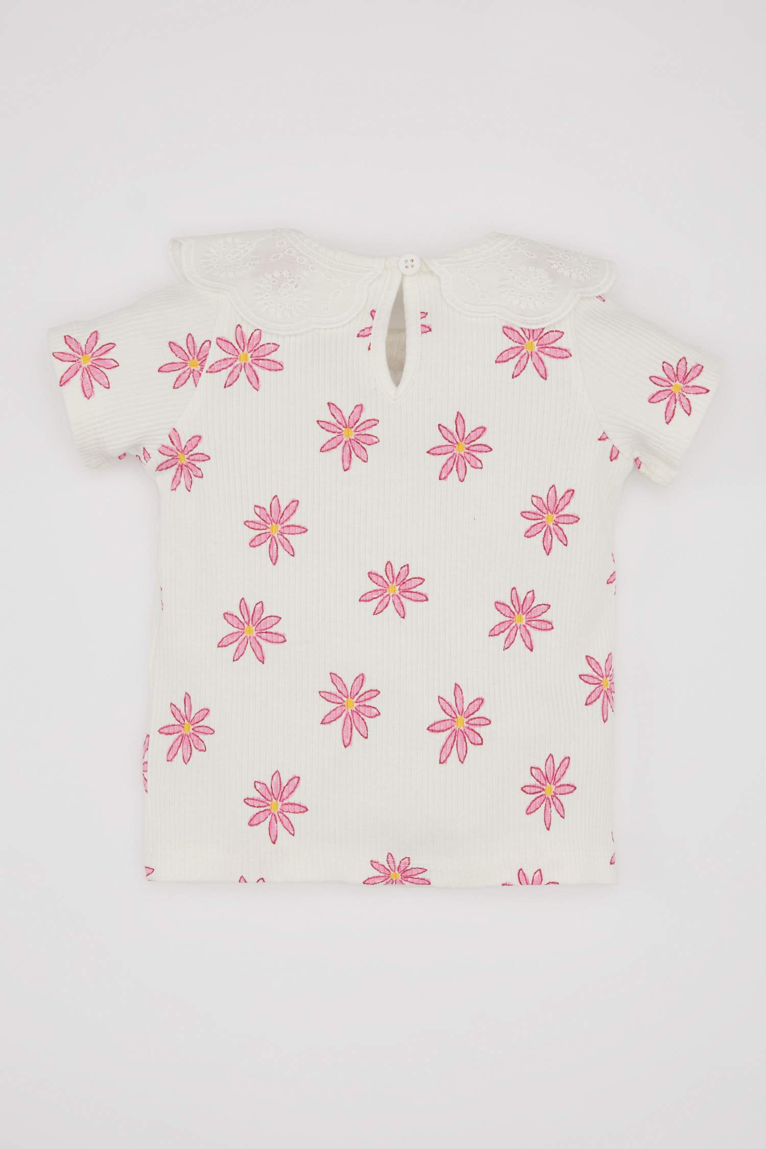 Kız Bebek Dantel Yaka Çiçekli Fitilli Kaşkorse Kısa Kollu Tişört