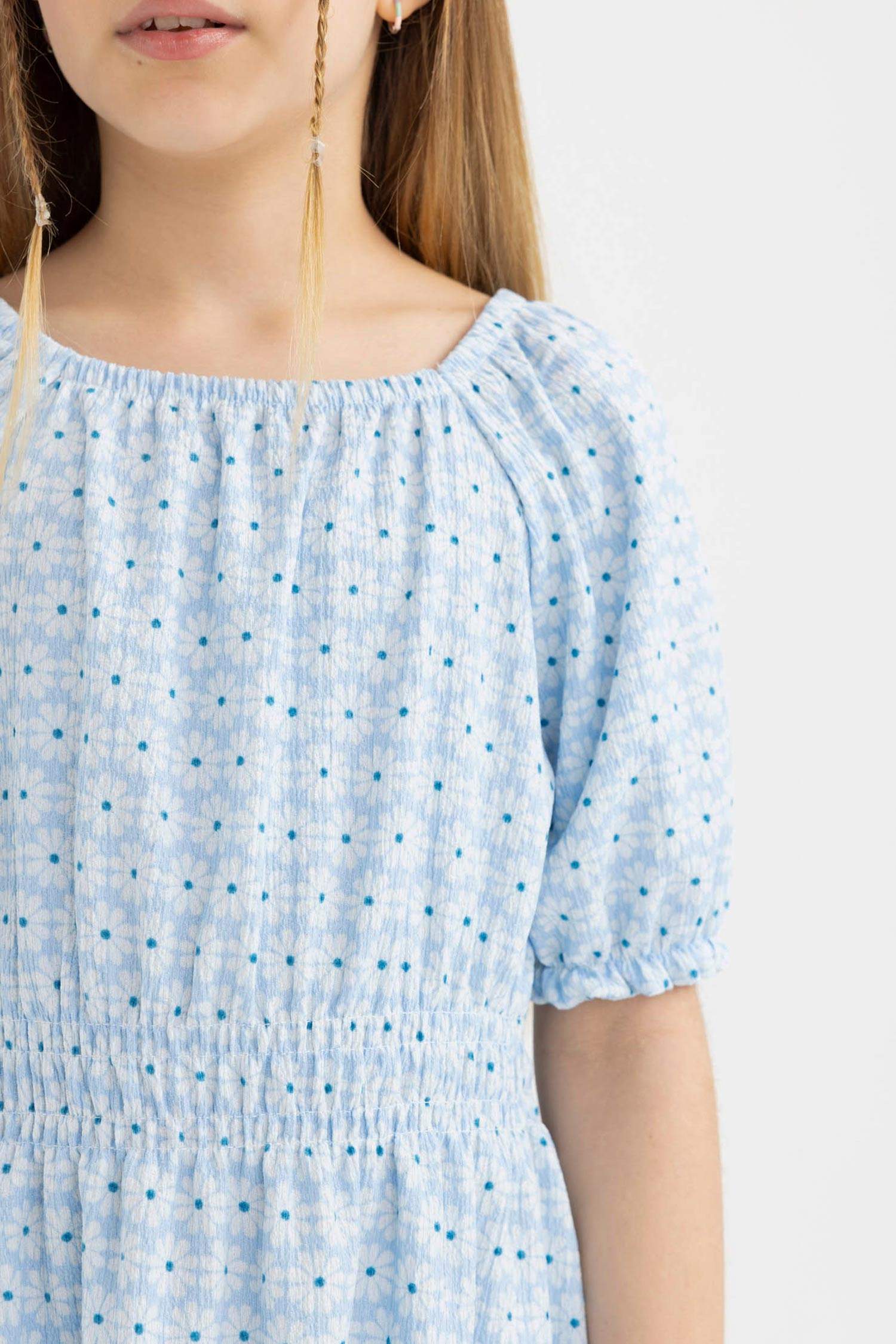 Girl Wrinkled Patterned Short Sleeve Dress