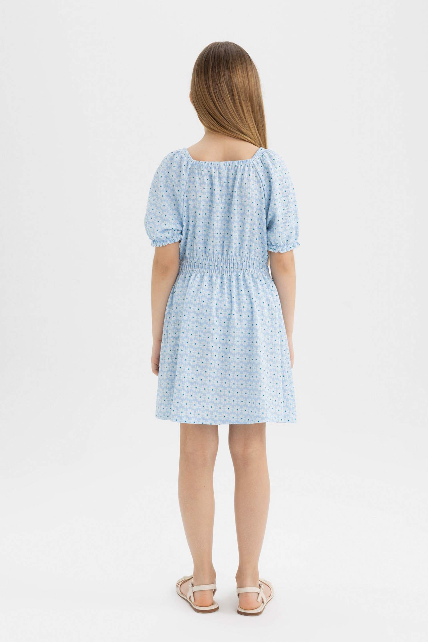 Girl Wrinkled Patterned Short Sleeve Dress