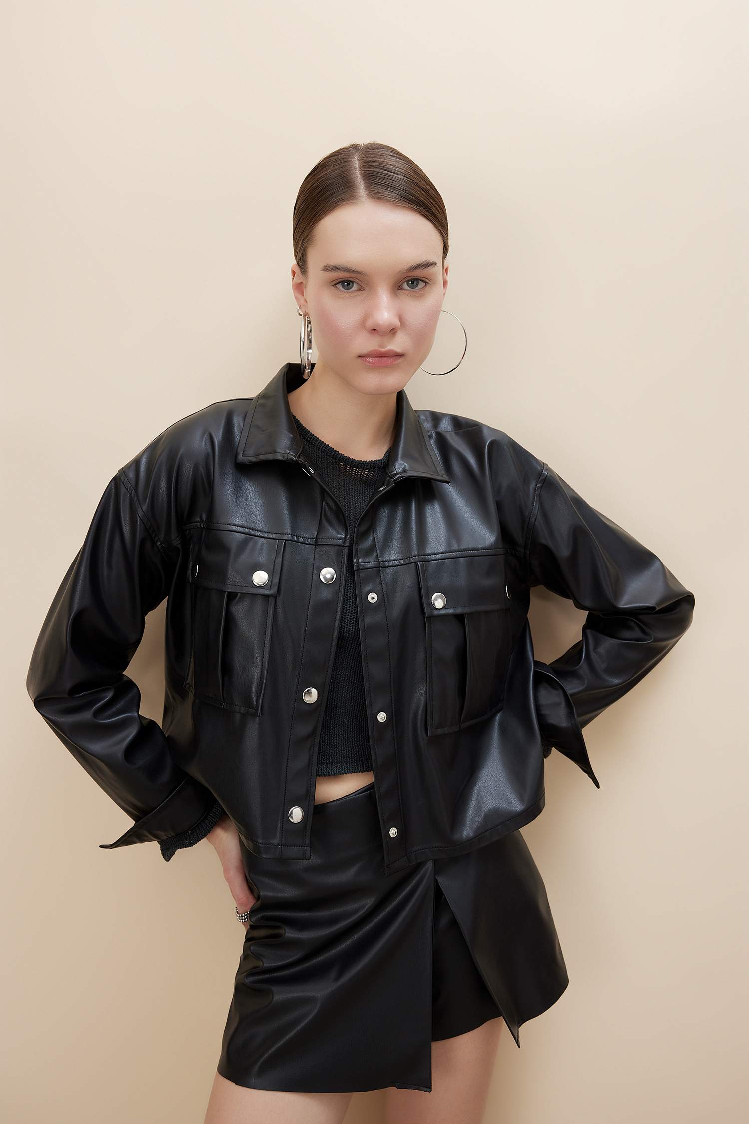 Oversize Fit Faux Leather Long Sleeve Shirt