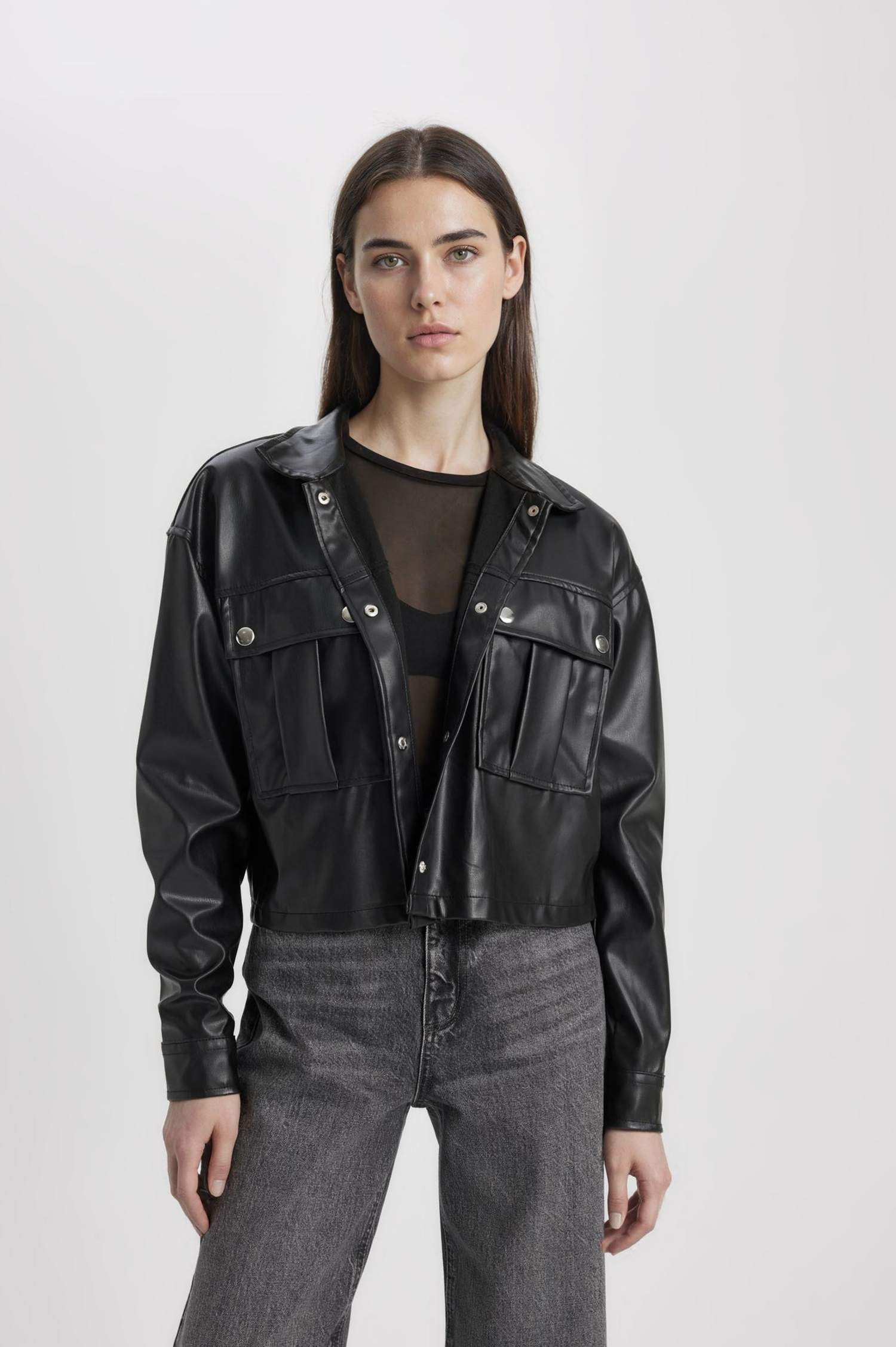 Oversize Fit Faux Leather Long Sleeve Shirt