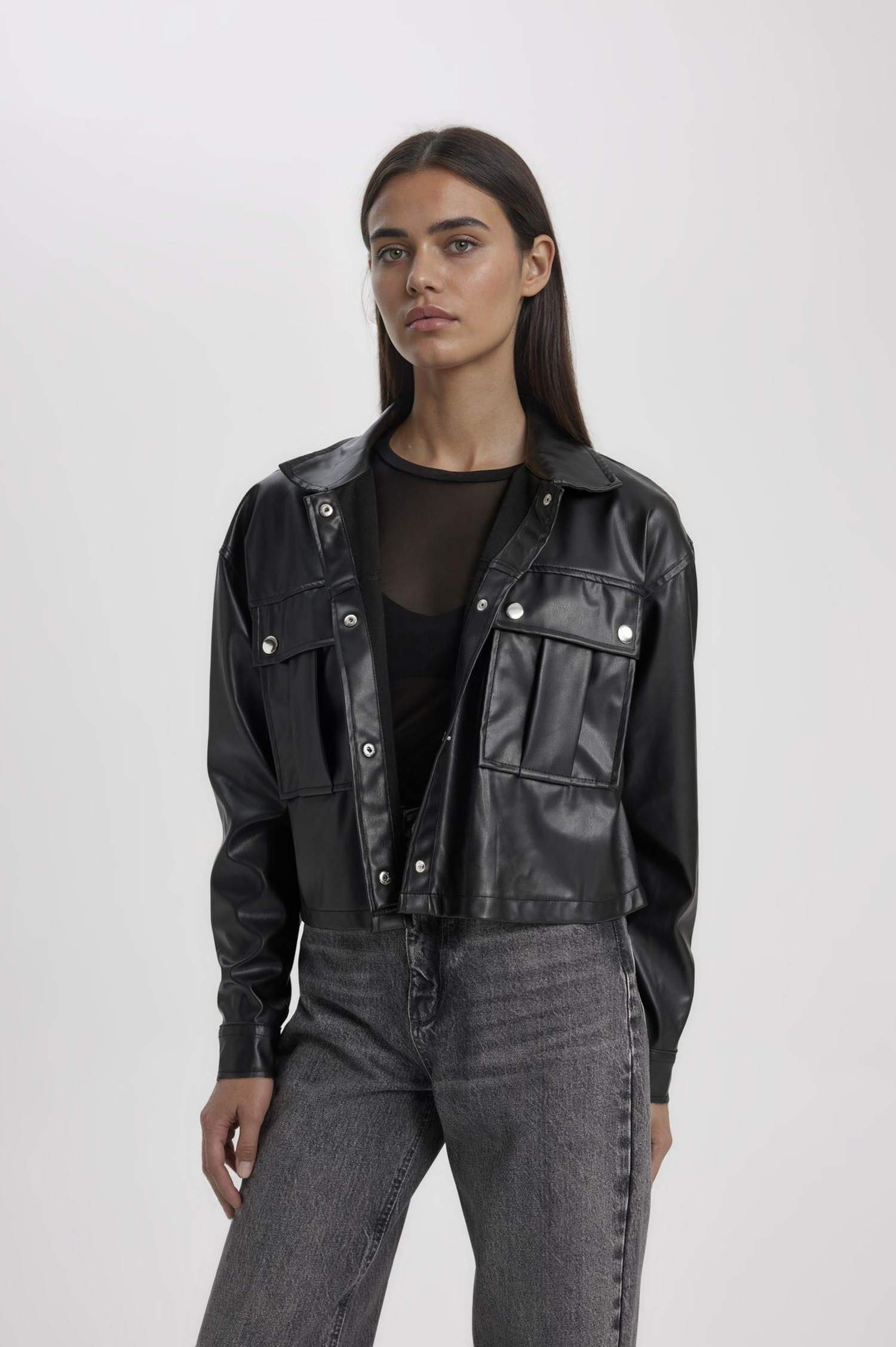 Oversize Fit Faux Leather Long Sleeve Shirt