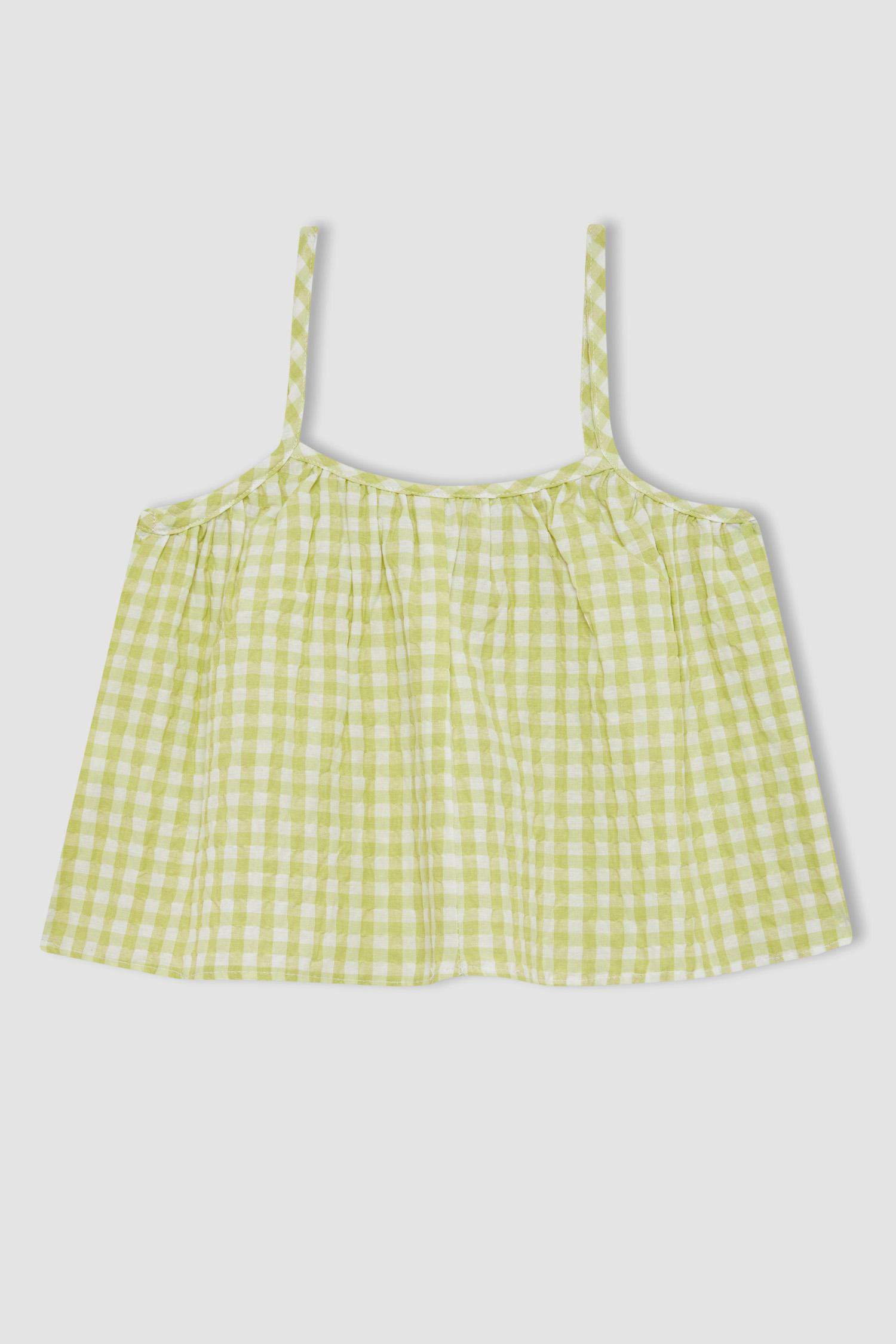 بلوزة بناتي كاروهات بحمالات أصفر