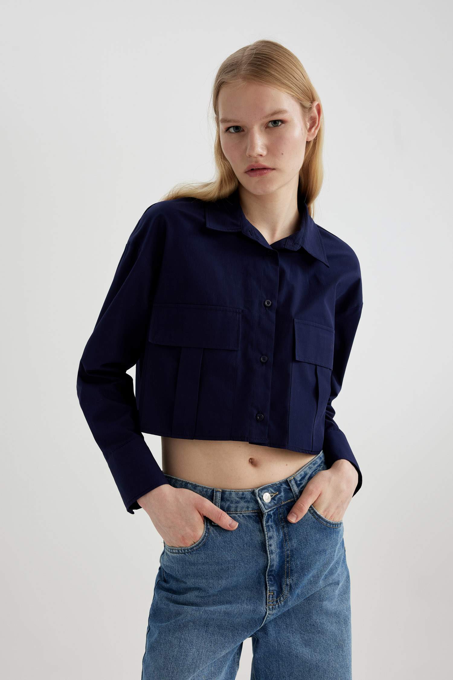 Crop Poplin Basic Düz Uzun Kollu Gömlek