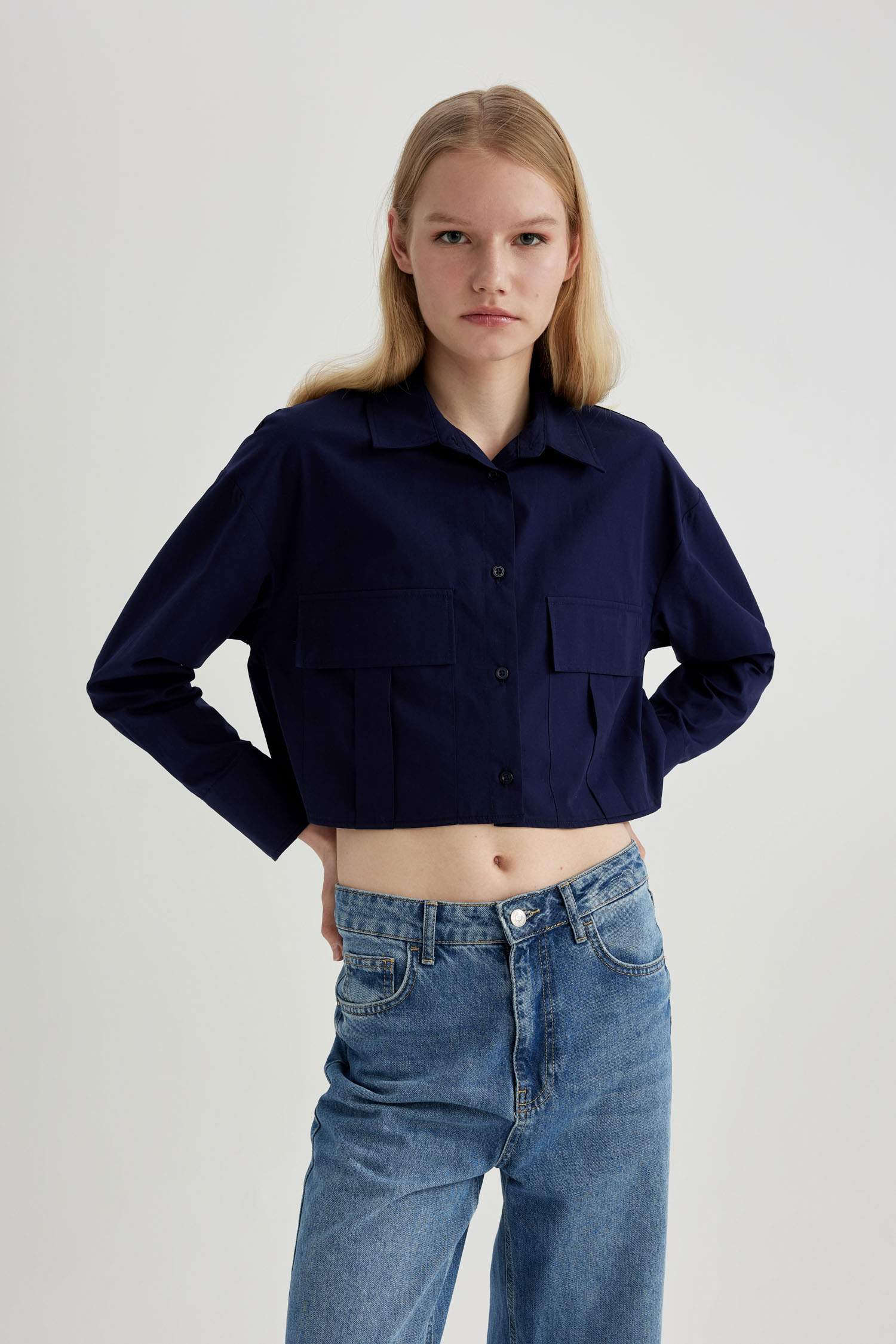 Crop Poplin Basic Düz Uzun Kollu Gömlek