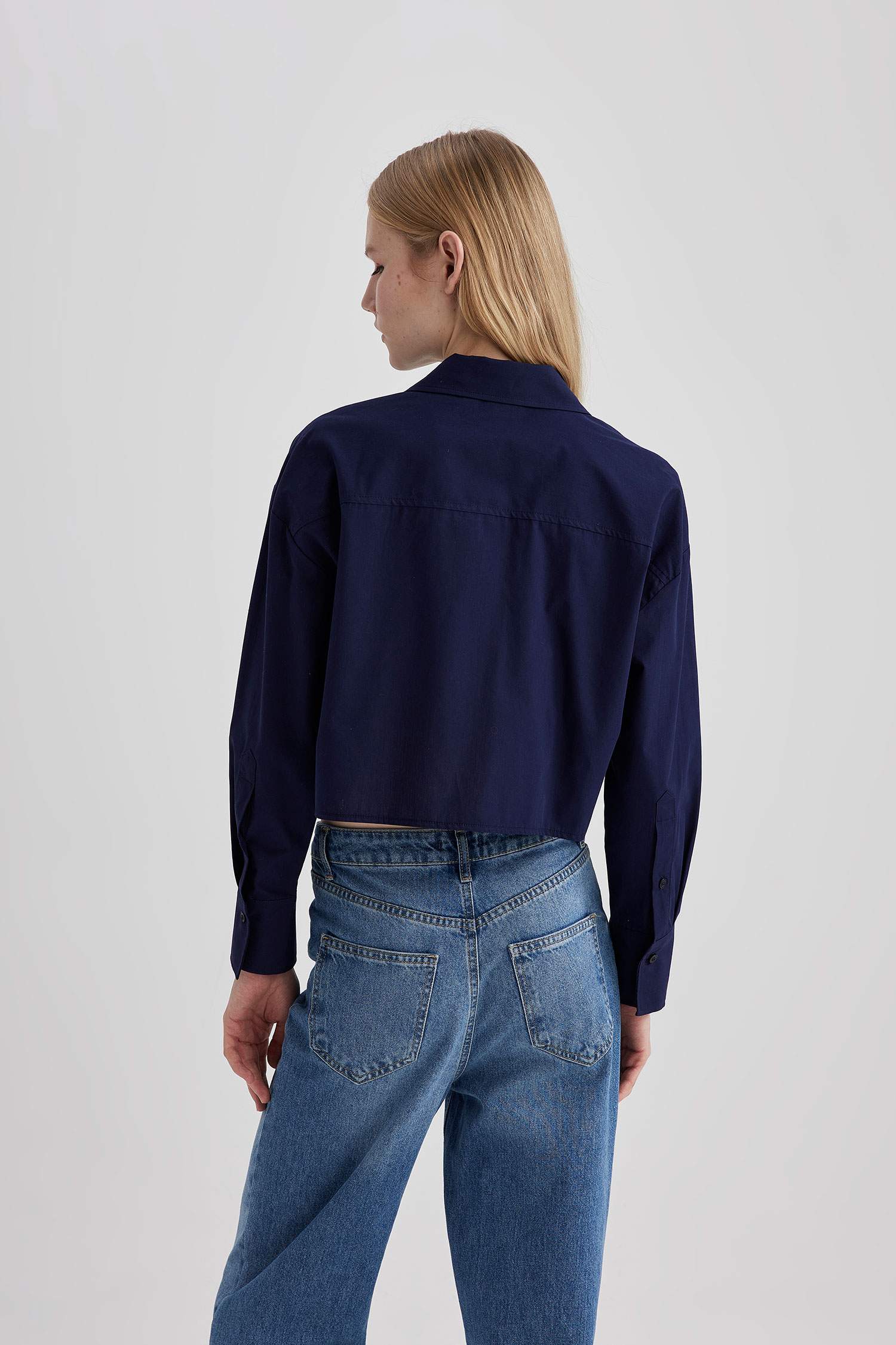 Crop Poplin Basic Düz Uzun Kollu Gömlek