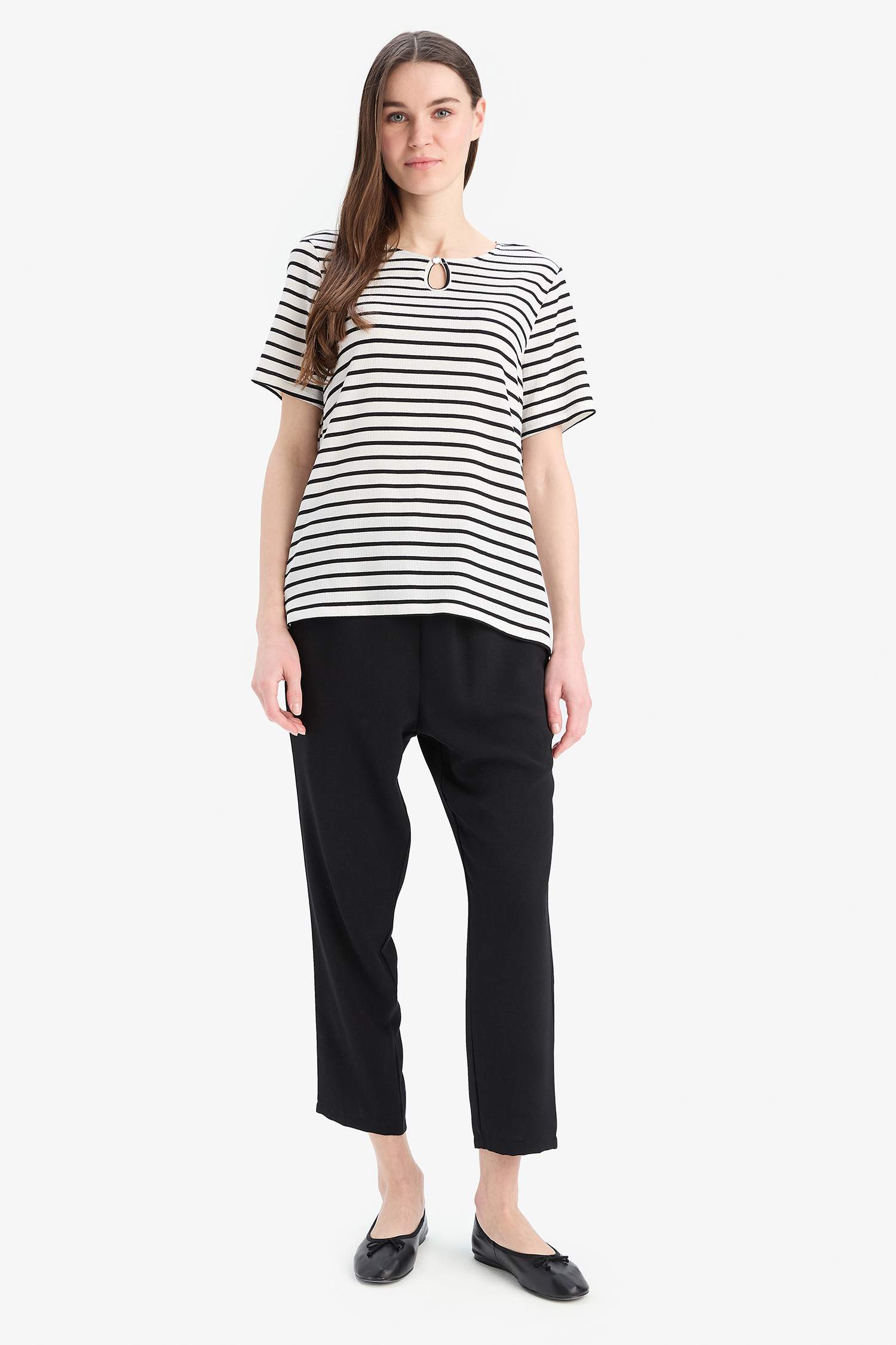 Regular Fit Bisiklet Yaka Çizgili Bürümcük Kısa Kollu Tişört