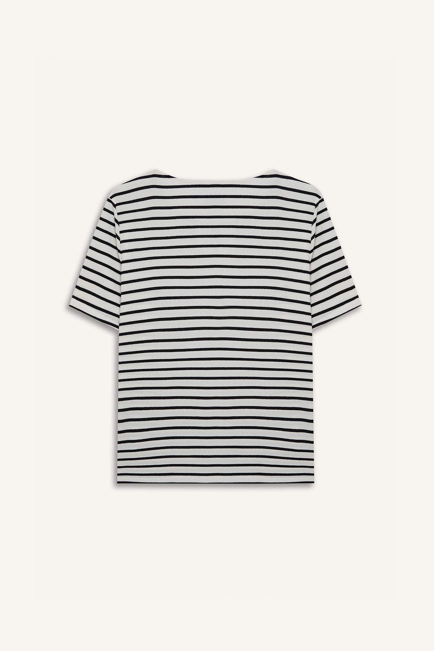 Regular Fit Bisiklet Yaka Çizgili Bürümcük Kısa Kollu Tişört