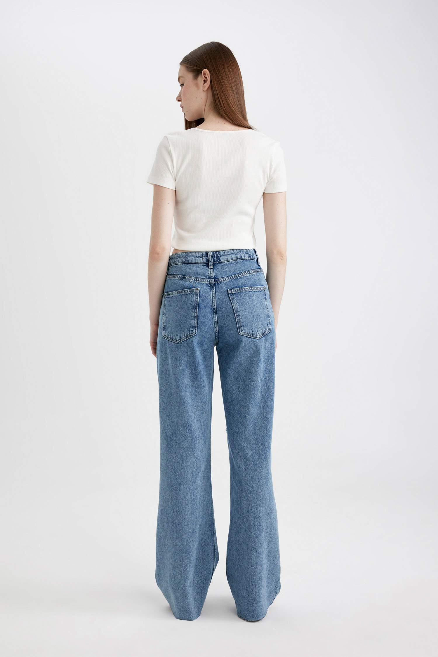 90's Wide Leg Ripped Detailed High Waist Long Jeans