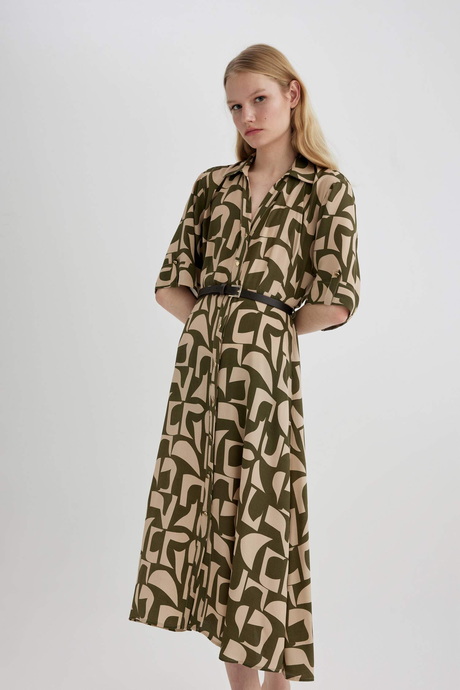 Shirt Collar Printed Maxi Dress