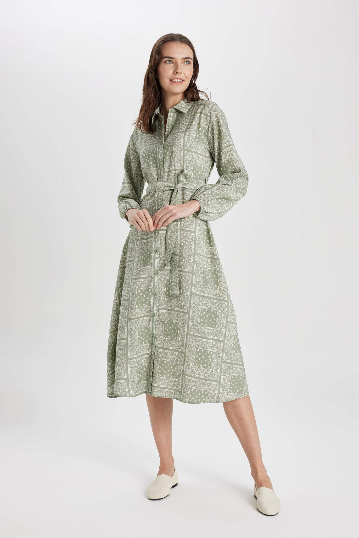 Shirt Collar Aerobin Long Sleeve Midi Dress