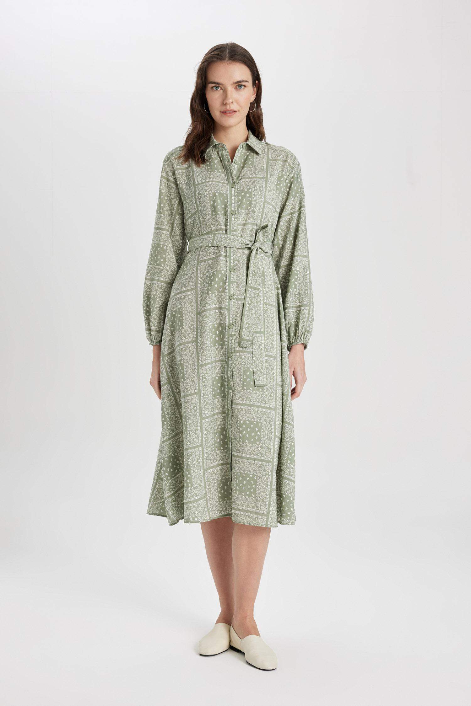 Shirt Collar Aerobin Long Sleeve Midi Dress