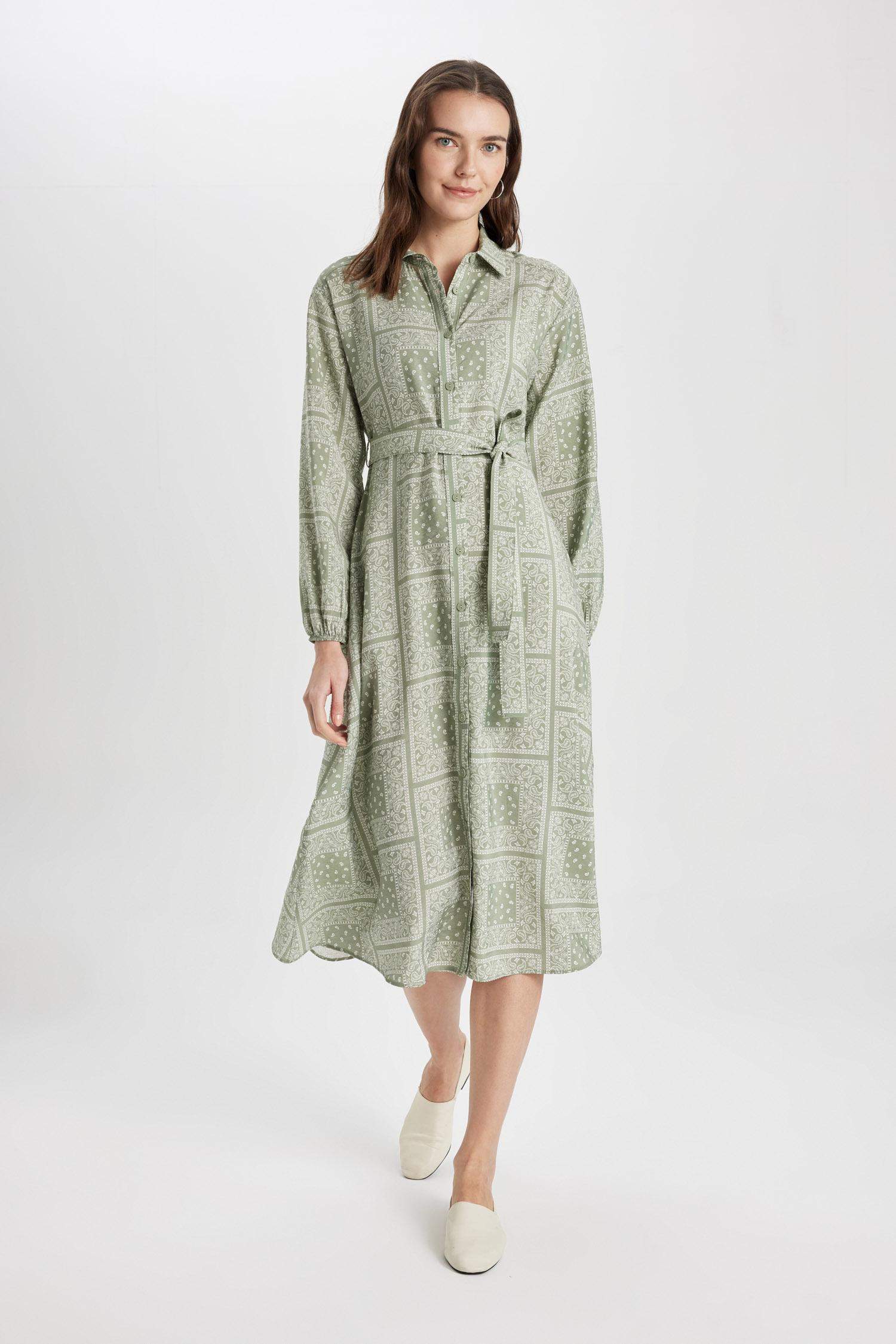 Shirt Collar Aerobin Long Sleeve Midi Dress