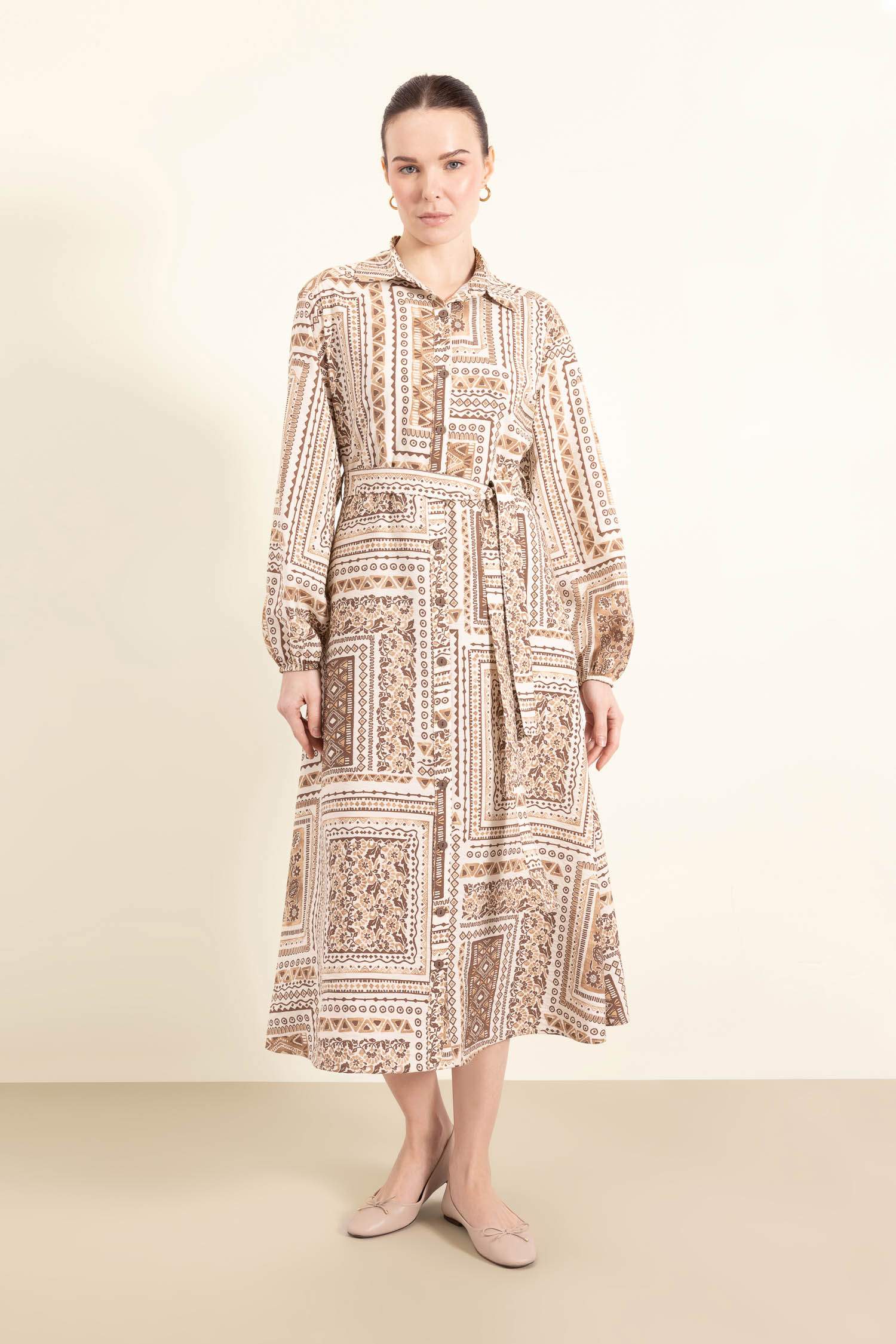 Shirt Collar Patterned Aerobin Belted Midi Dress