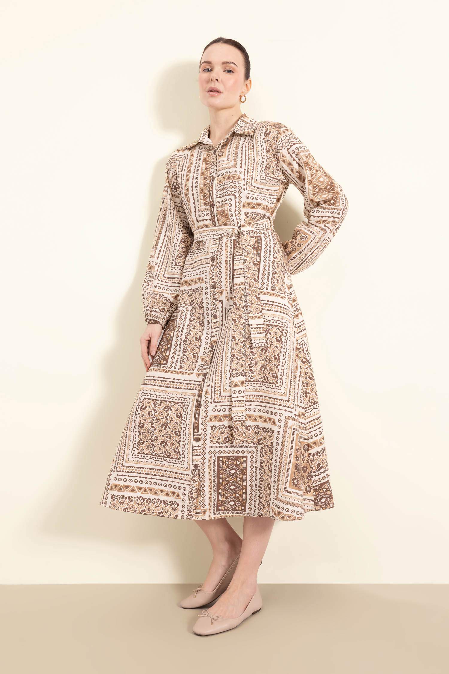 Shirt Collar Patterned Aerobin Belted Midi Dress
