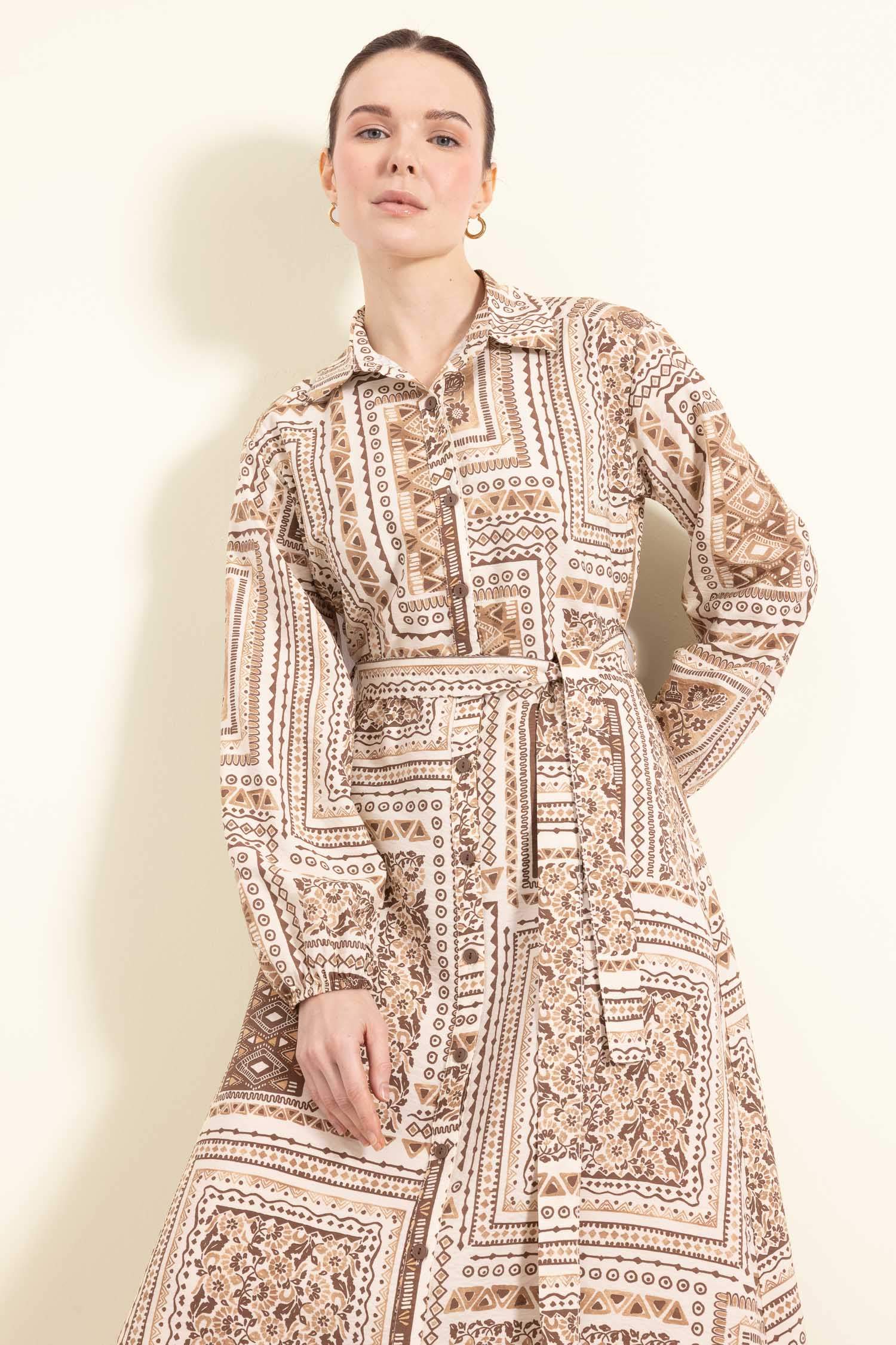 Shirt Collar Patterned Aerobin Belted Midi Dress