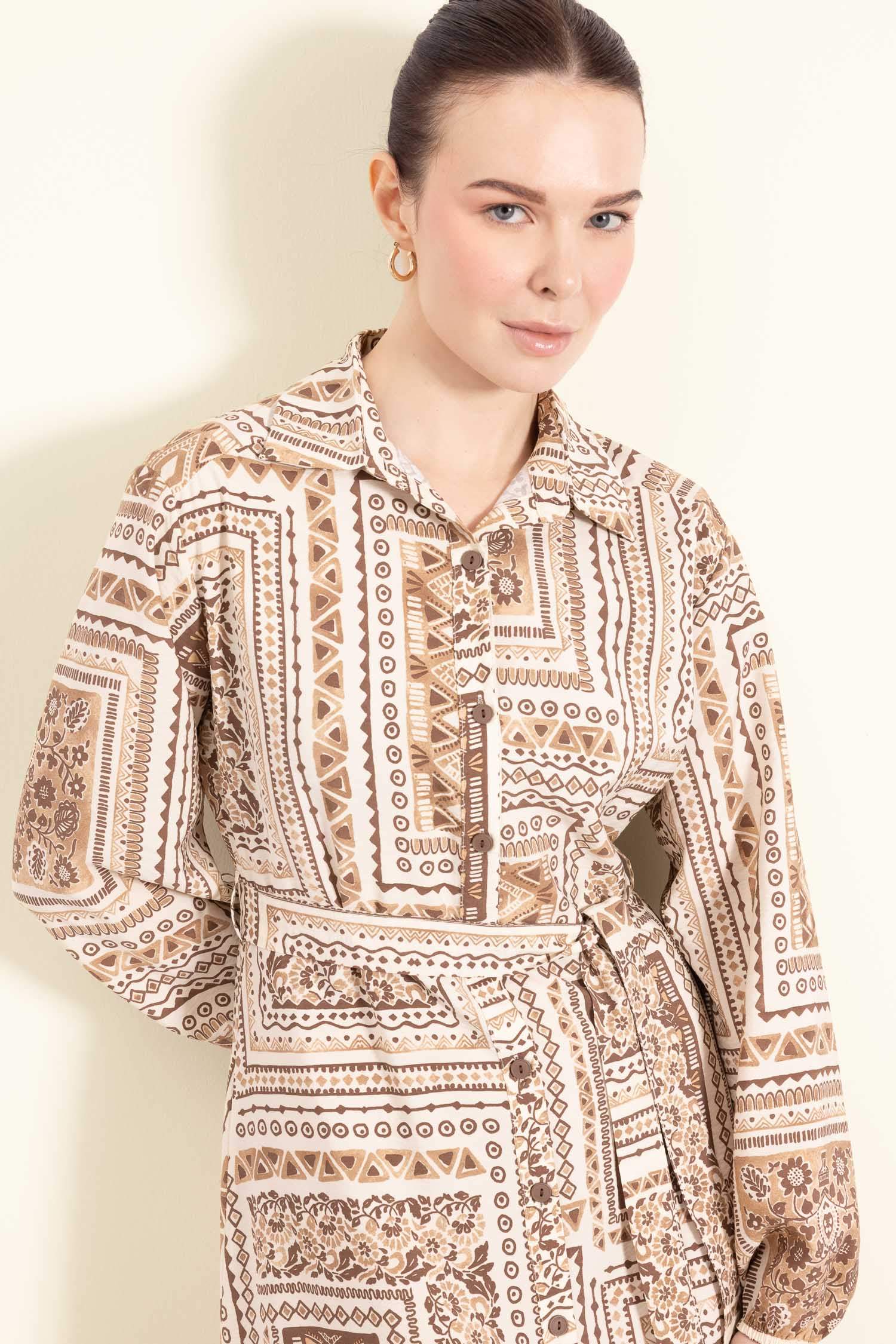 Shirt Collar Patterned Aerobin Belted Midi Dress