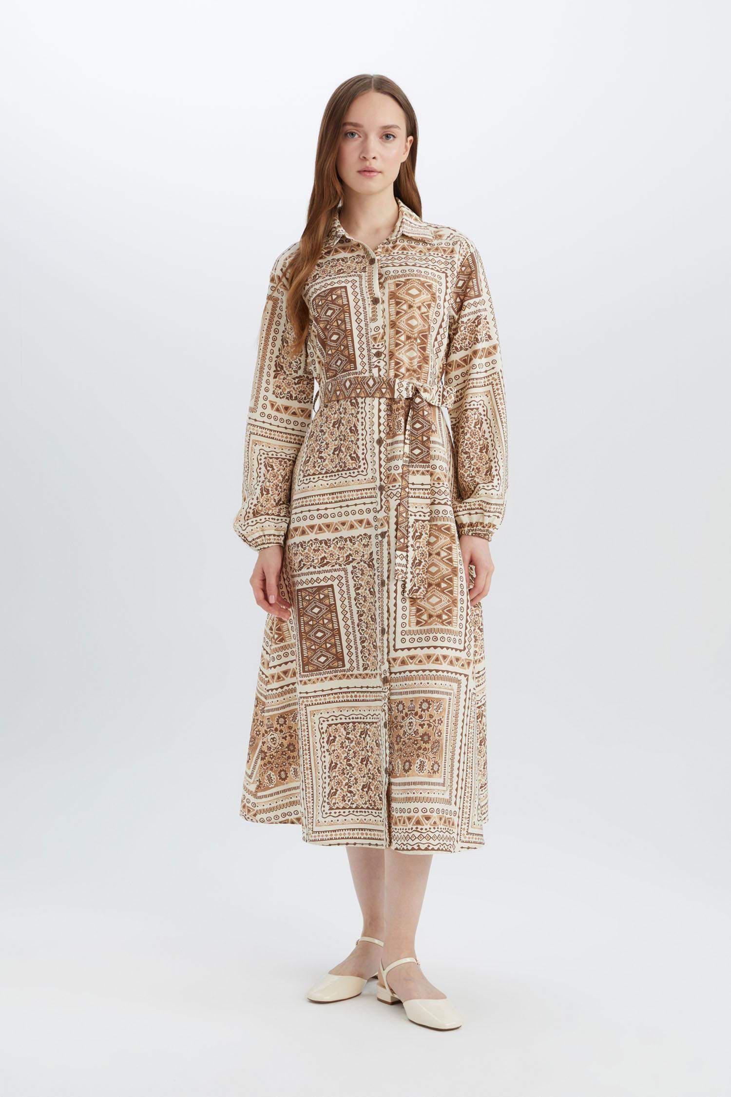 Shirt Collar Patterned Aerobin Belted Midi Dress