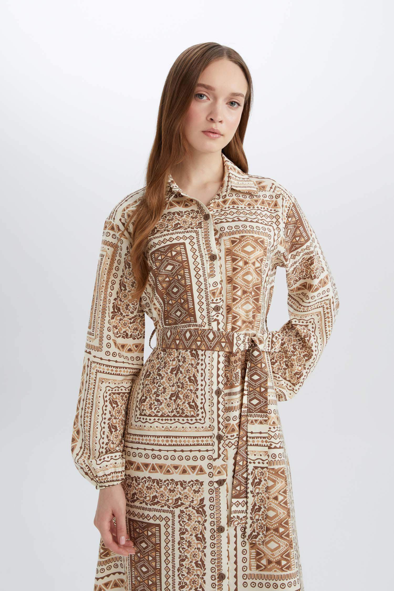 Shirt Collar Patterned Aerobin Belted Midi Dress