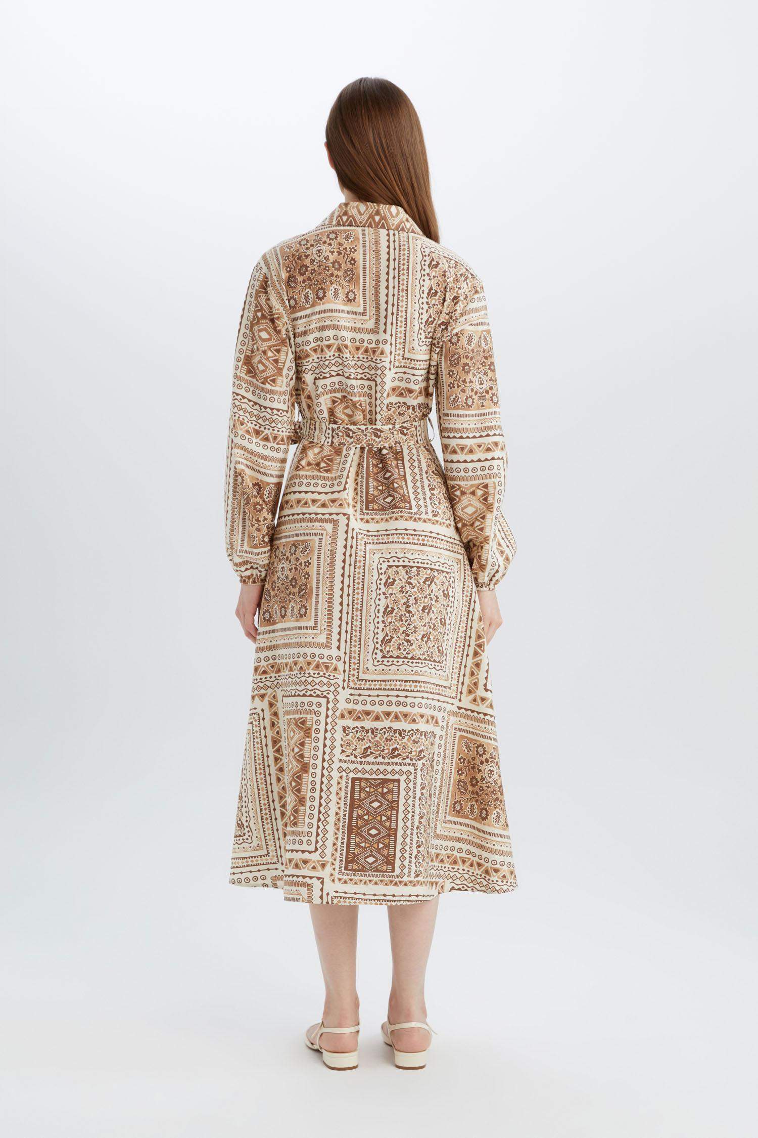 Shirt Collar Patterned Aerobin Belted Midi Dress