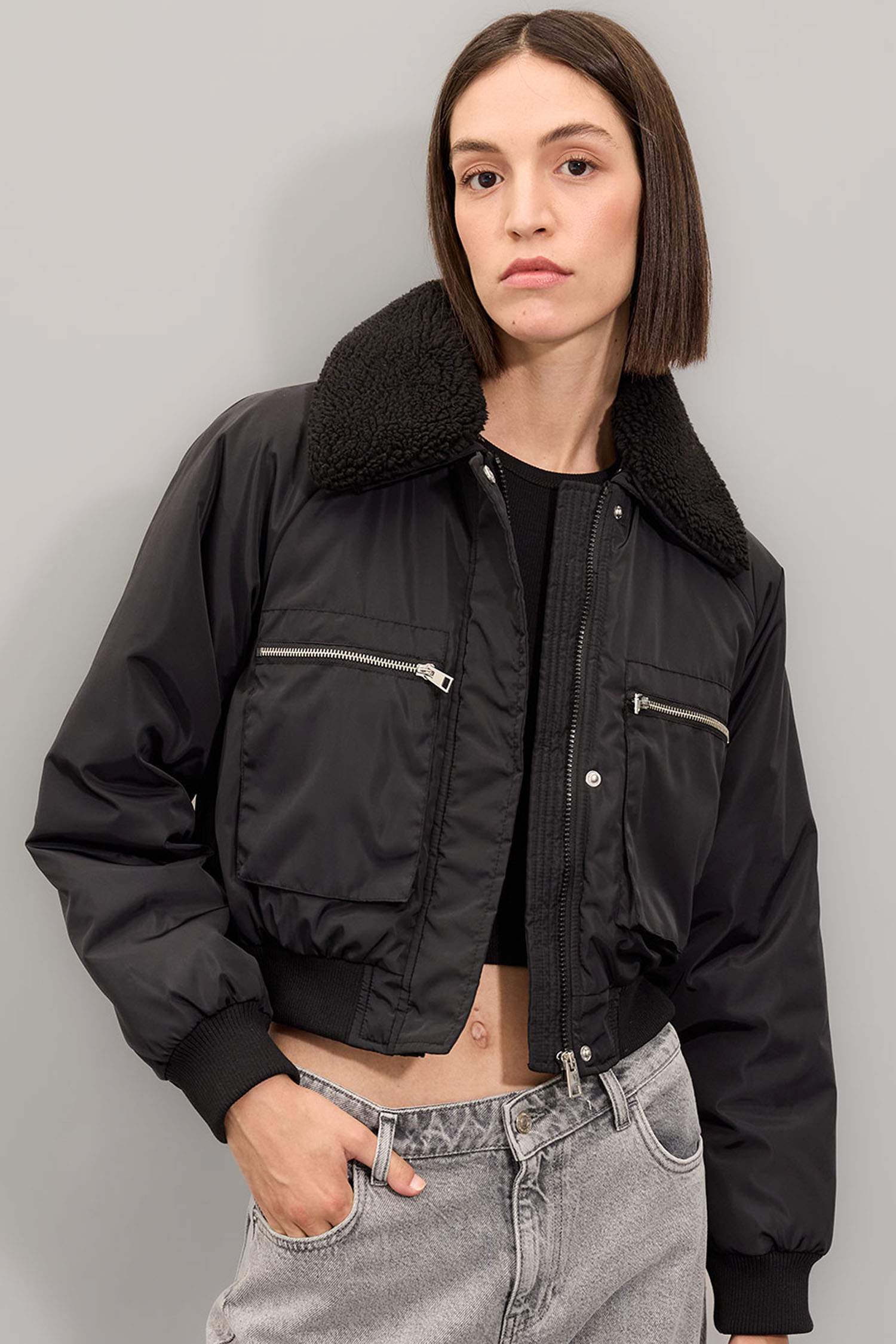 Su Geçirmez Kısa Ceket Mont Suni Kürklü Yaka Düz Fermuar Çıtçıtlı Bomber