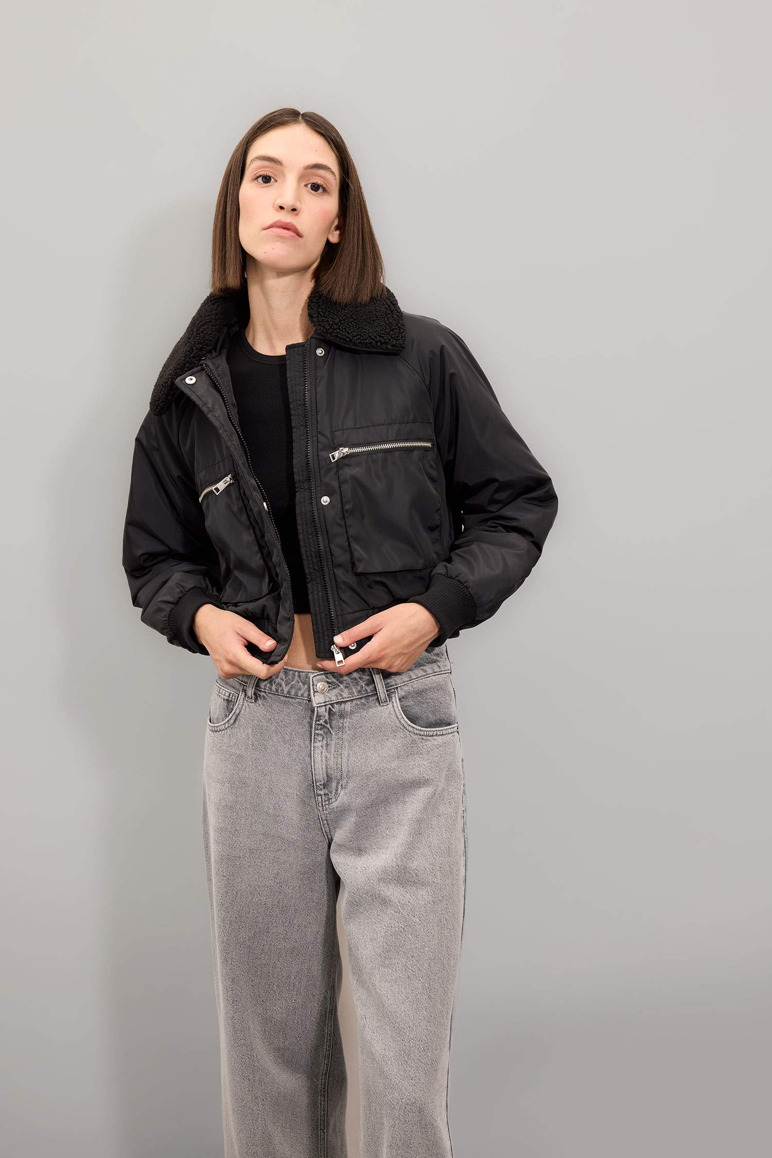 Su Geçirmez Kısa Ceket Mont Suni Kürklü Yaka Düz Fermuar Çıtçıtlı Bomber