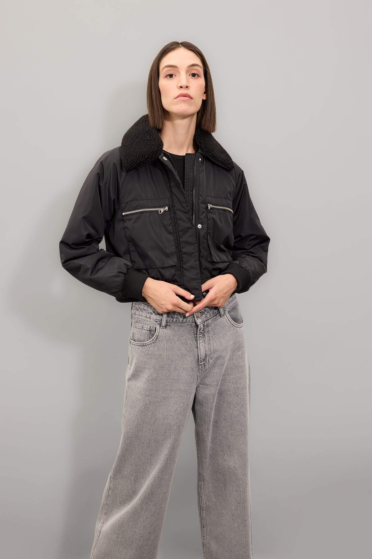 Su Geçirmez Kısa Ceket Mont Suni Kürklü Yaka Düz Fermuar Çıtçıtlı Bomber