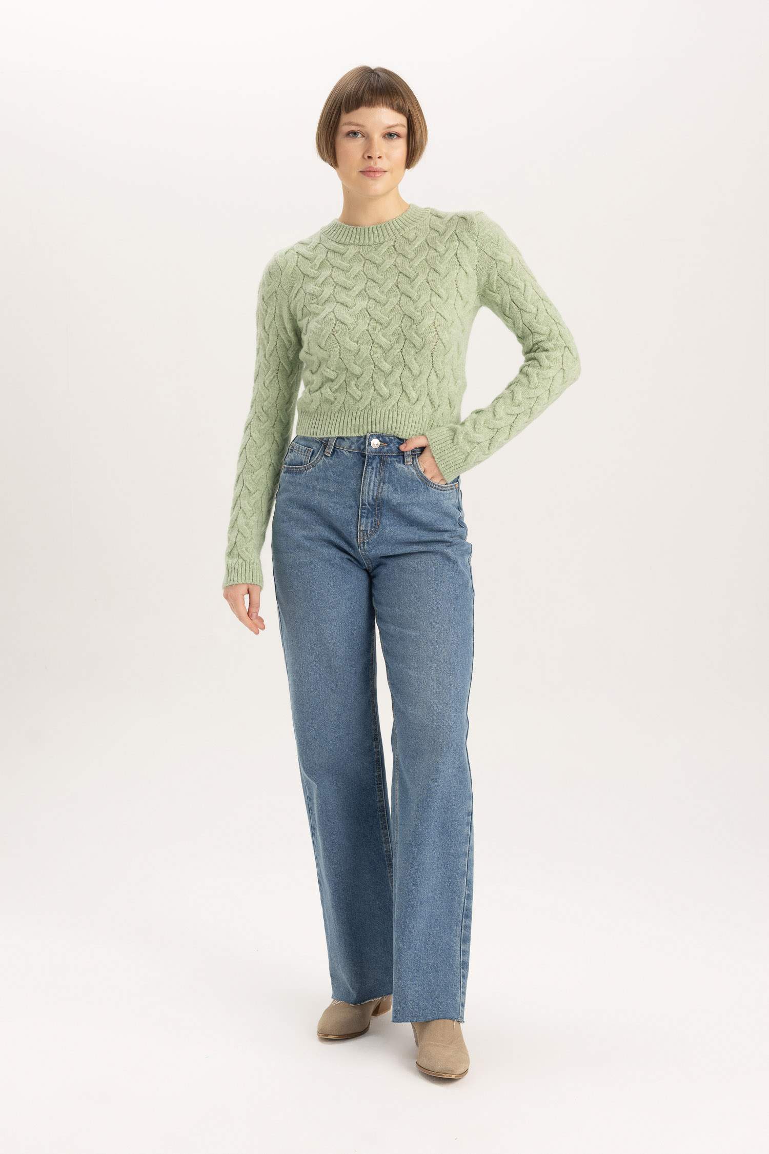 Crop Bisiklet Yaka Triko Kazak