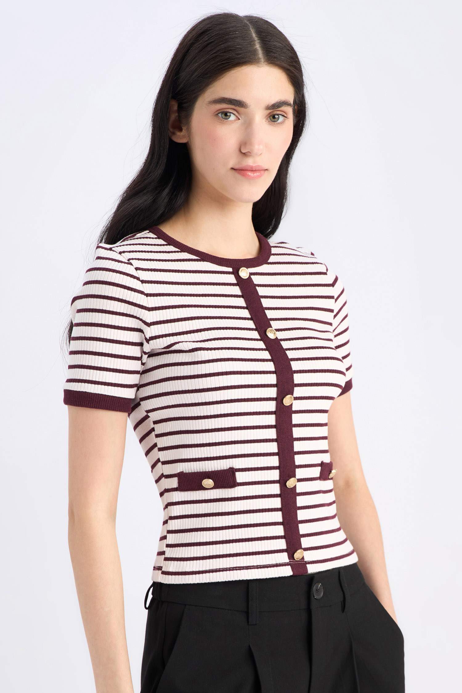 Slim Fit Crew Neck Striped Ribbed Camisole T-Shirt