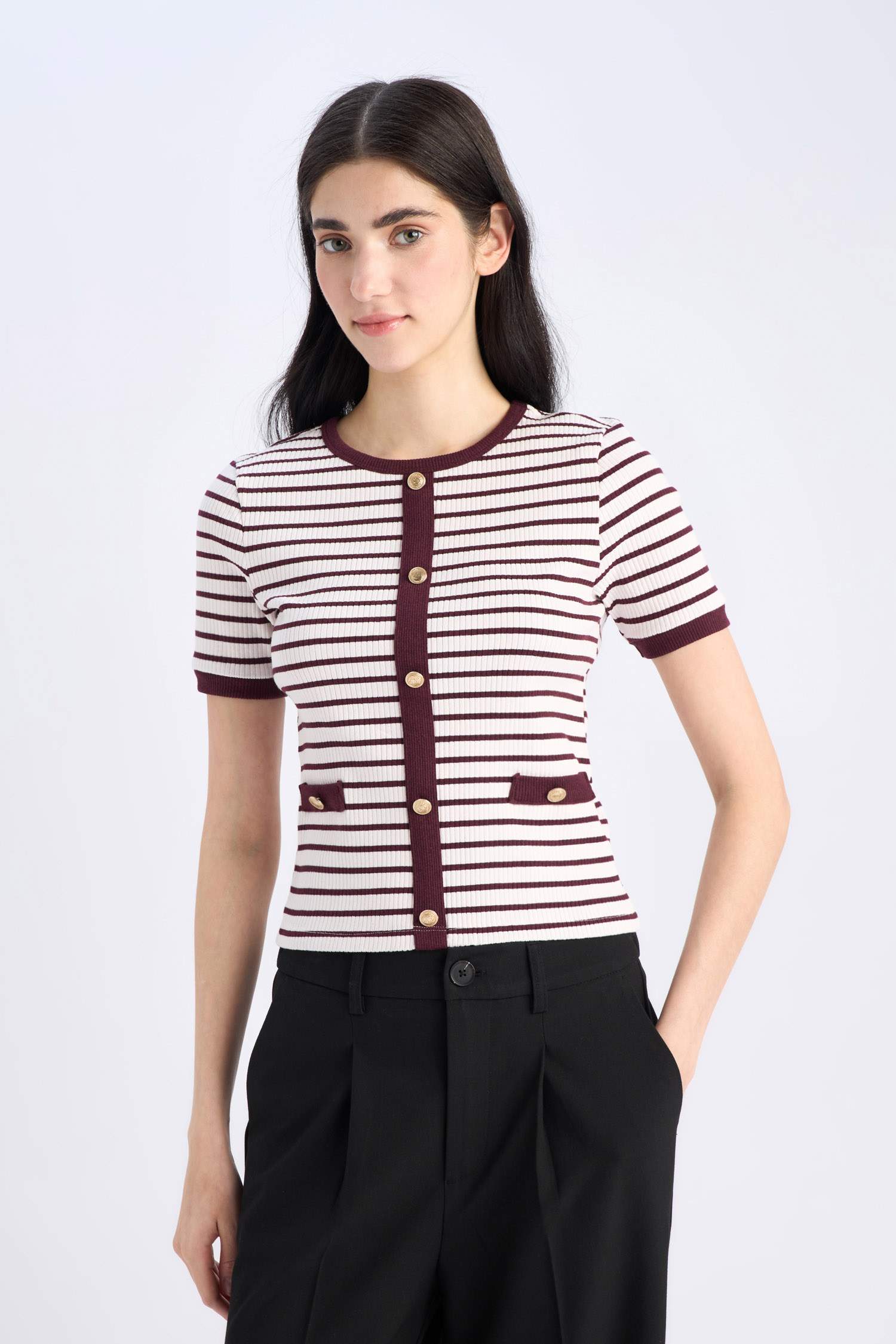 Slim Fit Crew Neck Striped Ribbed Camisole T-Shirt